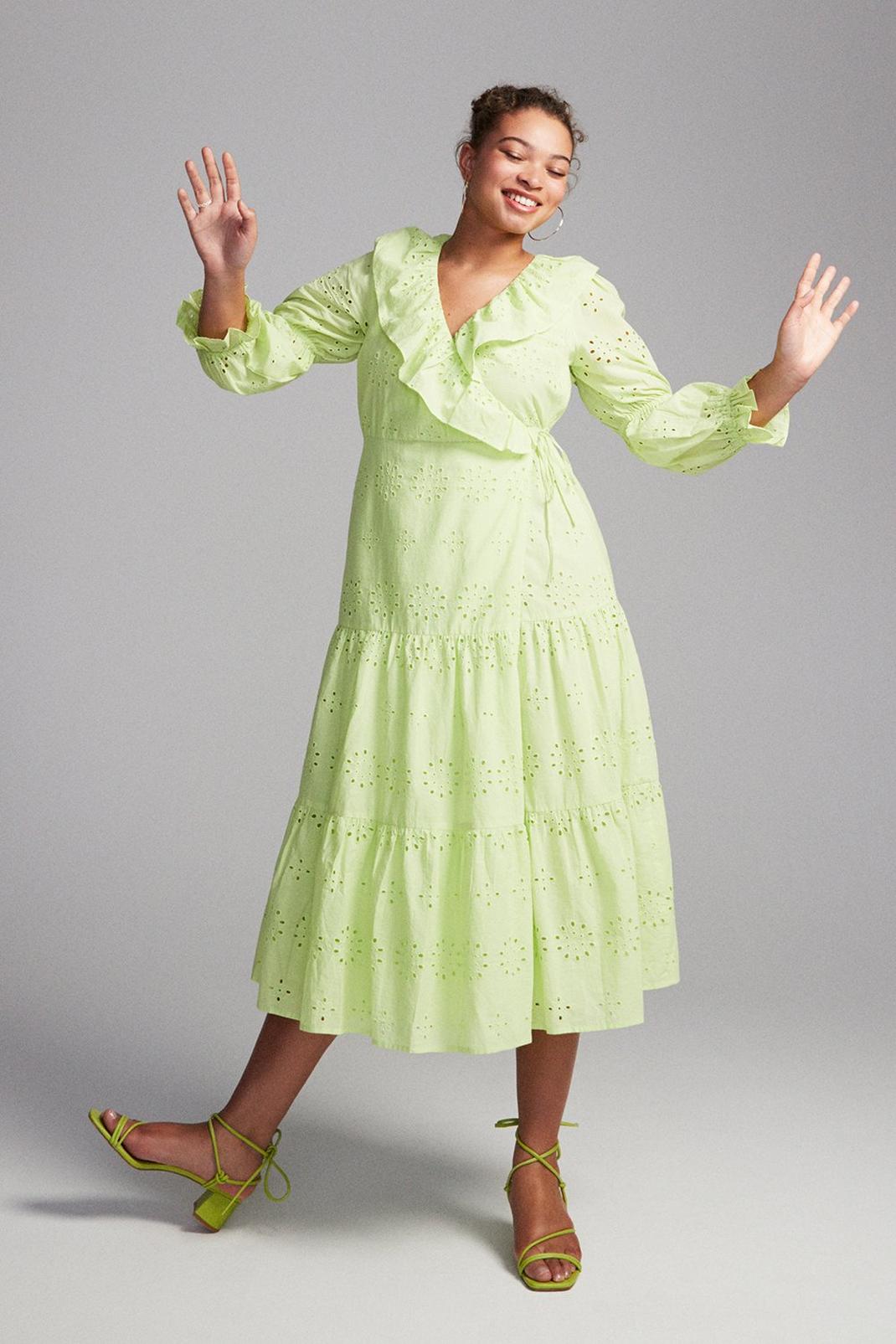 Lime Broderie Wrap Frill Midi Dress image number 1