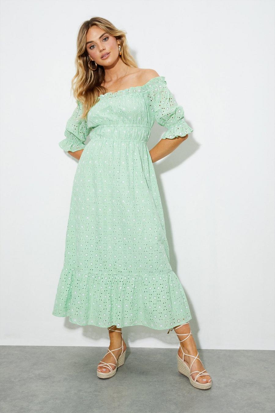 Green Broderie Corset Bardot Midaxi Dress