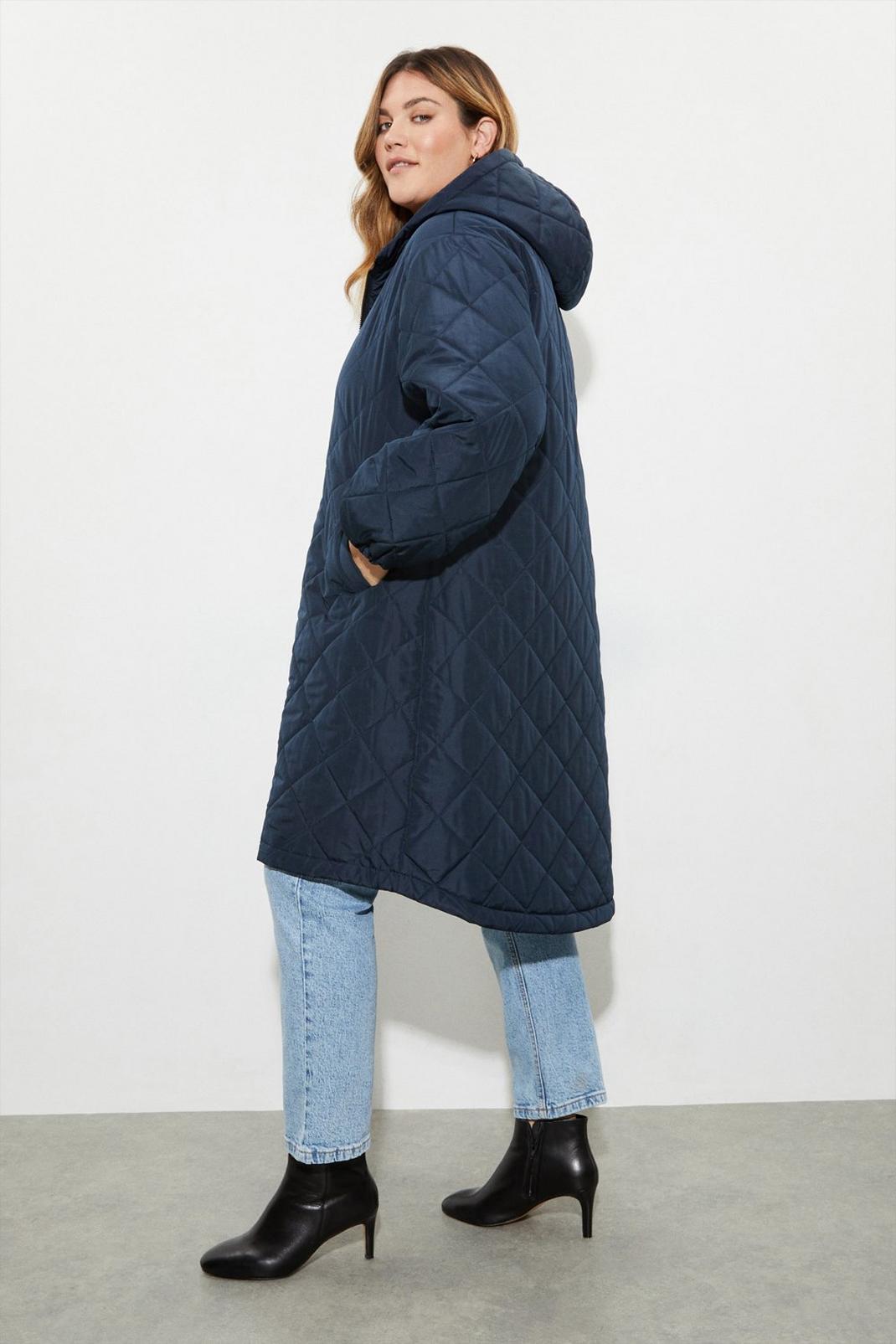 Navy Curve Oversized Hooded Diamond Quilted Parka Coat image number 1