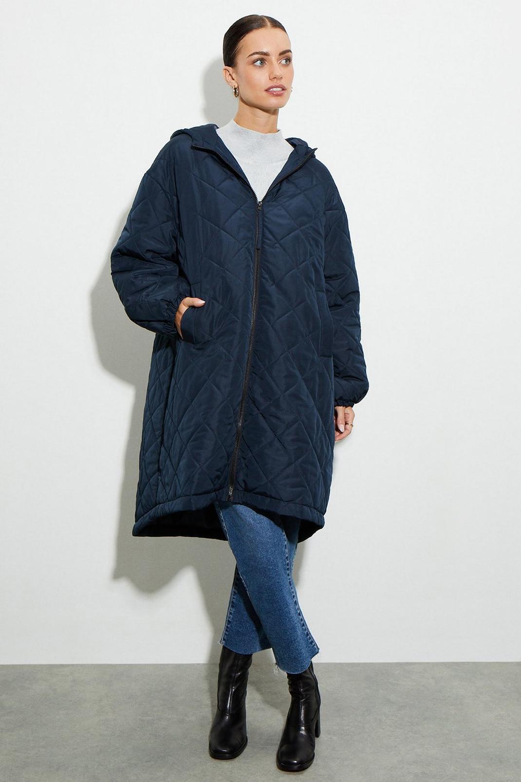 Navy Petite Oversized Hooded Diamond Quilted Parka Coat image number 1