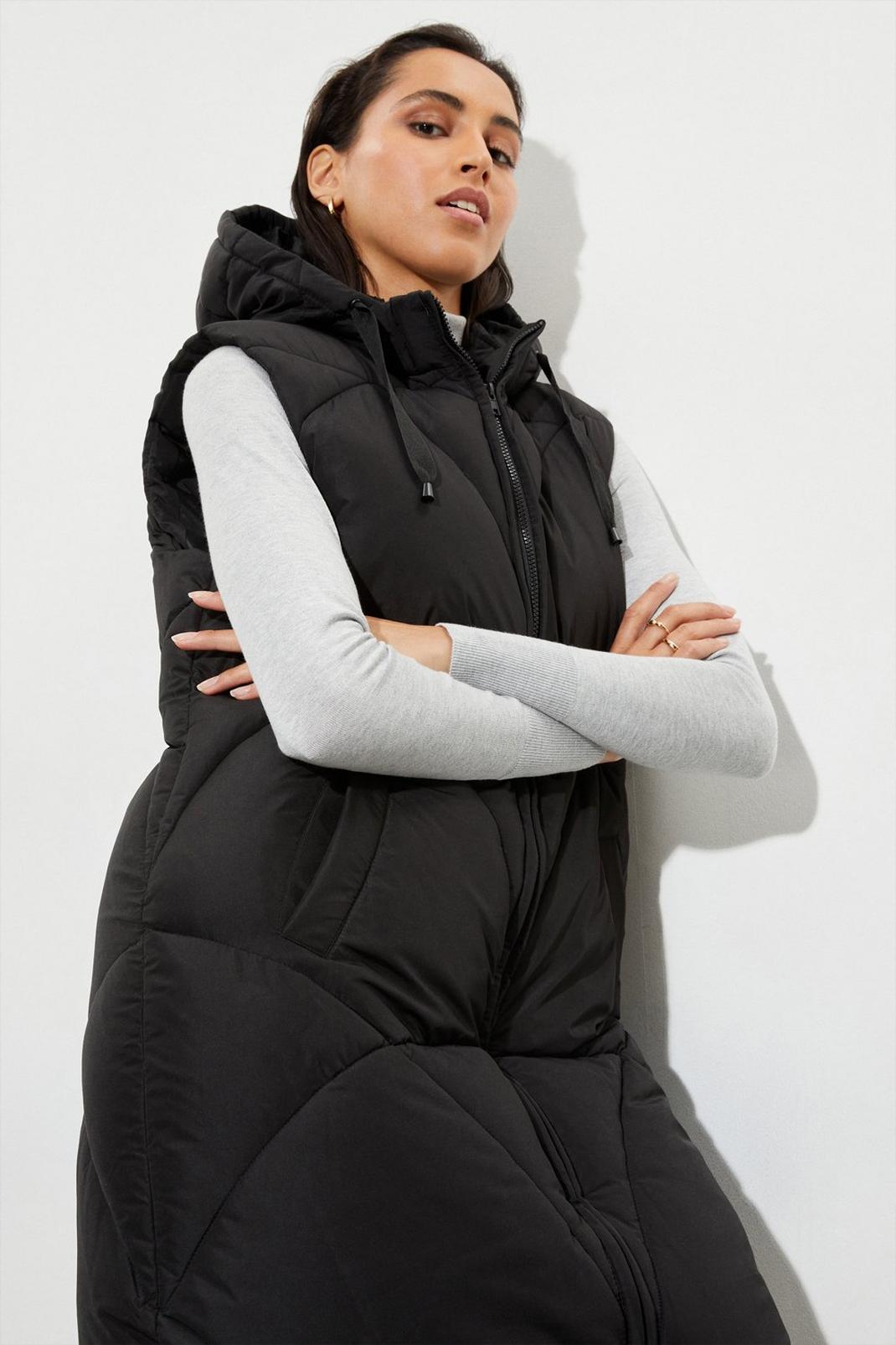 Black Tall Maxi Hooded Padded Gilet image number 1
