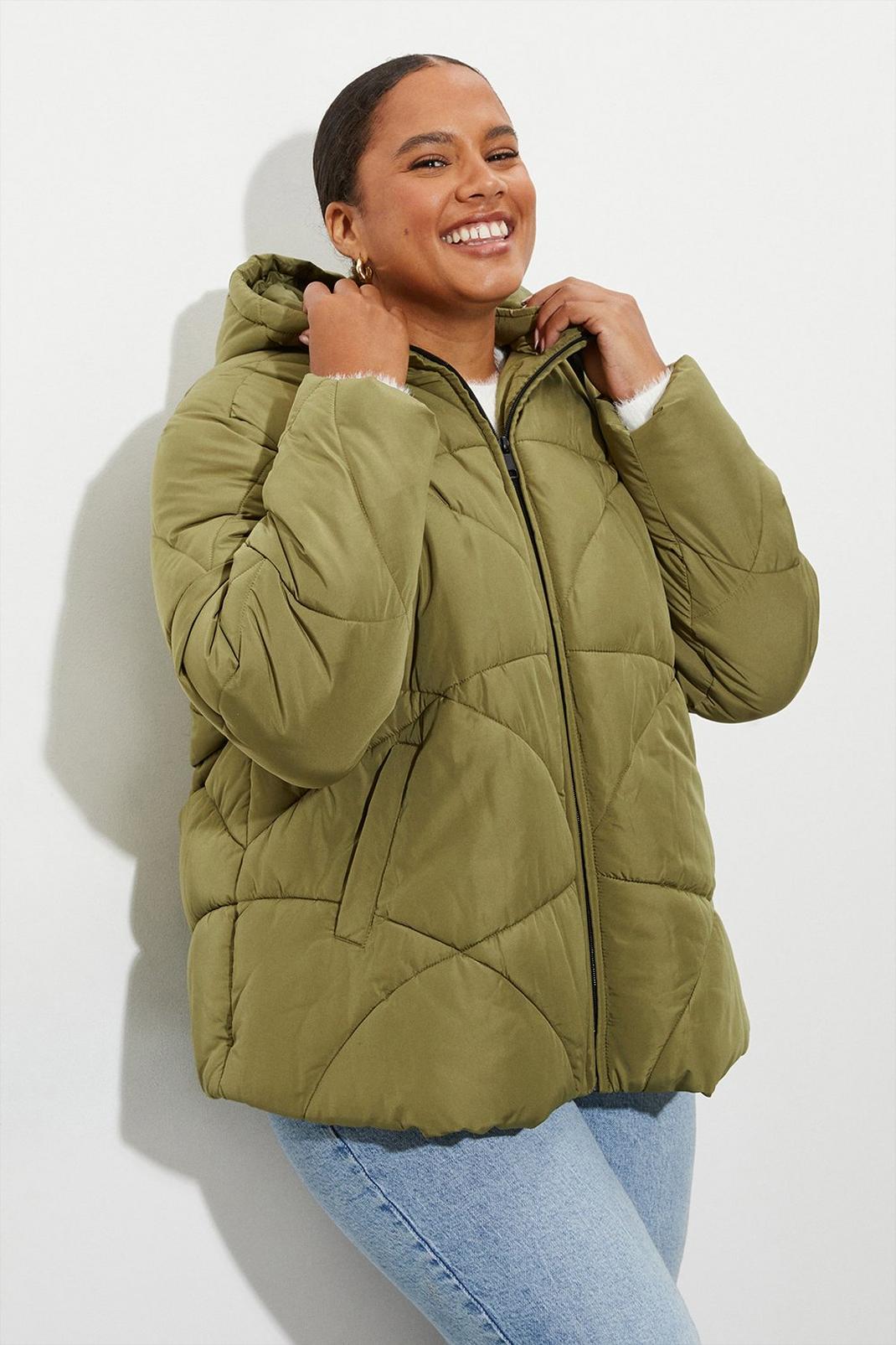Olive Curve Short Padded Coat With Contrast Trims image number 1