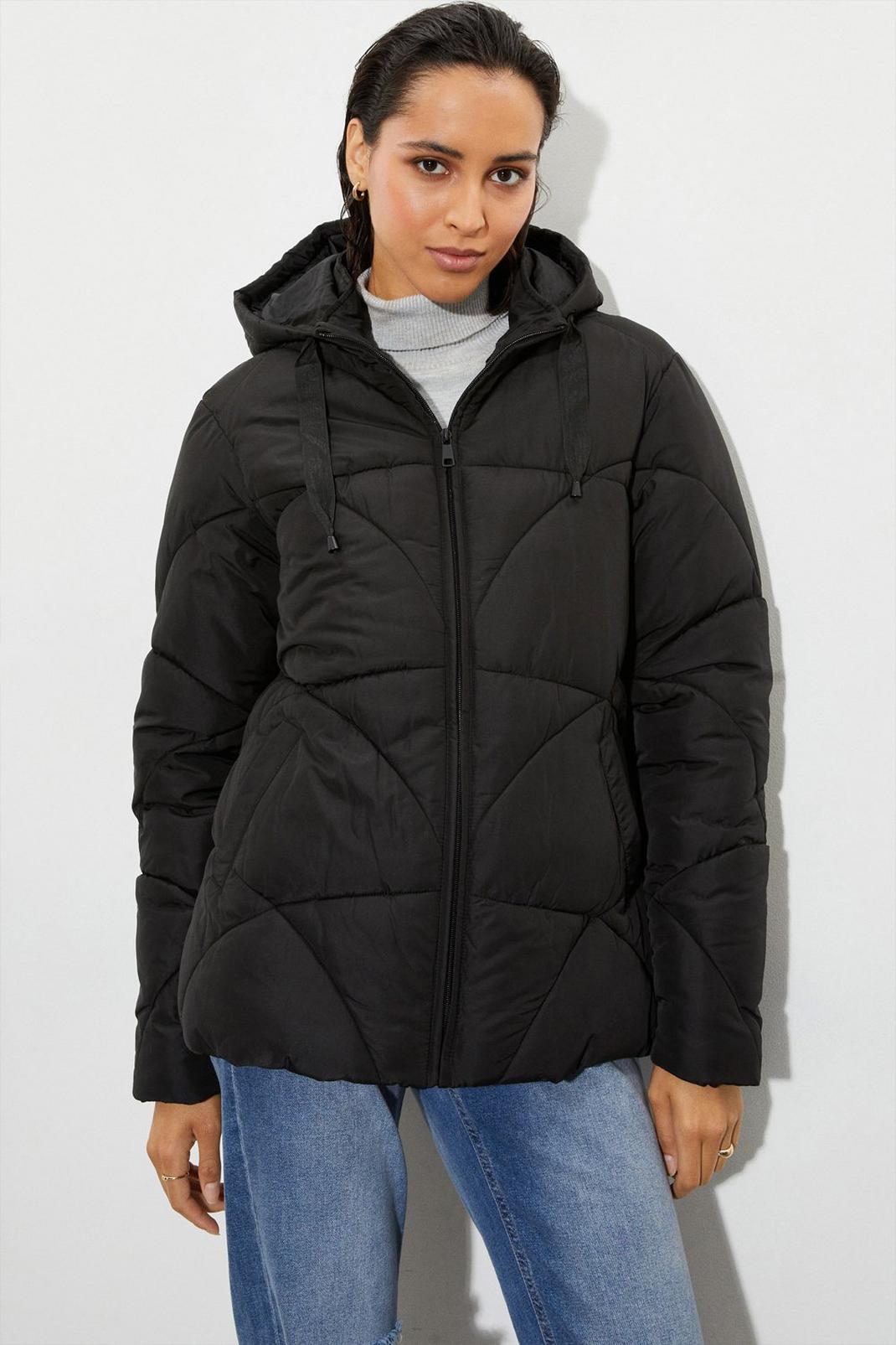 Black Tall Short Padded Coat With Contrast Trims image number 1