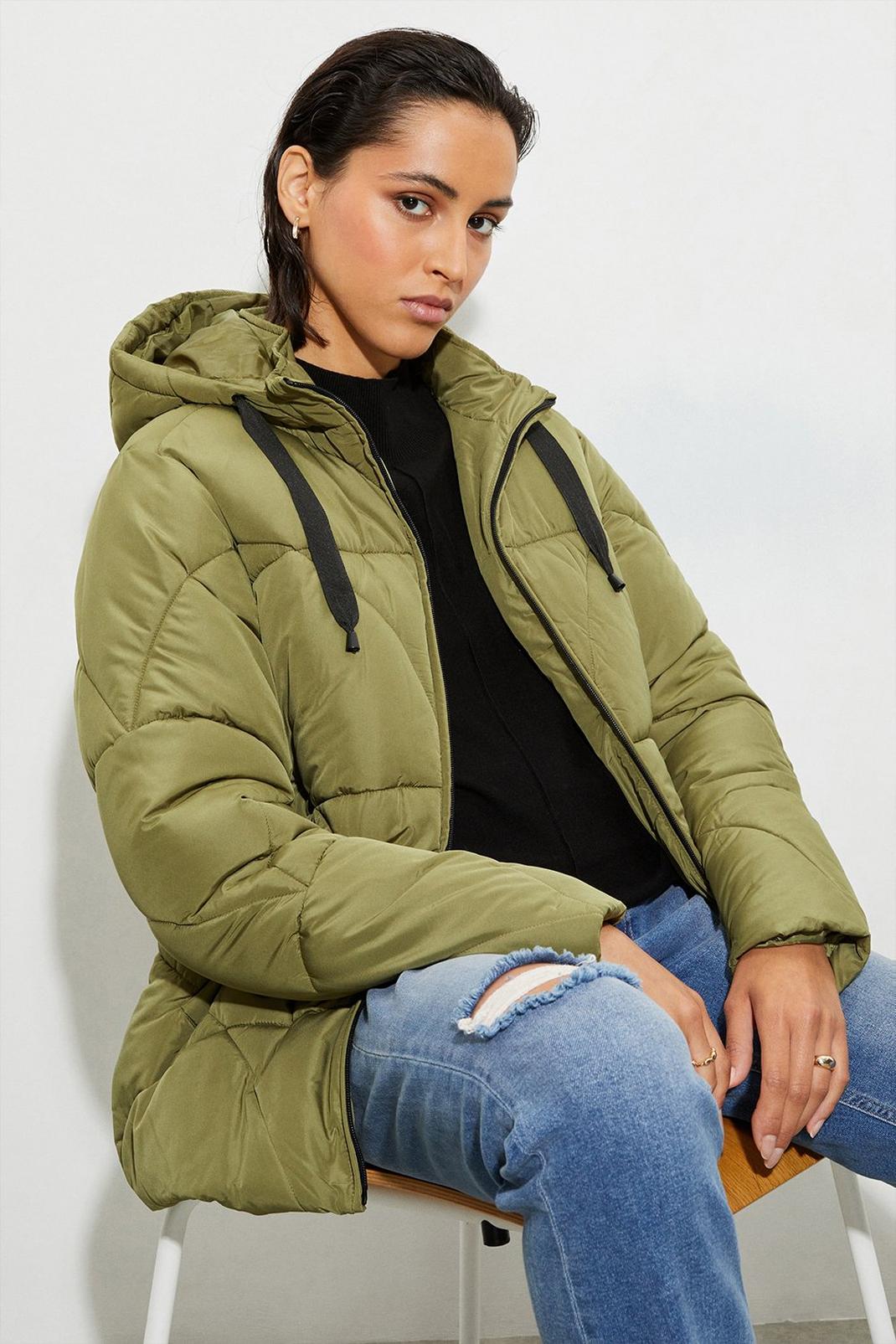 Olive Tall Short Padded Coat With Contrast Trims image number 1