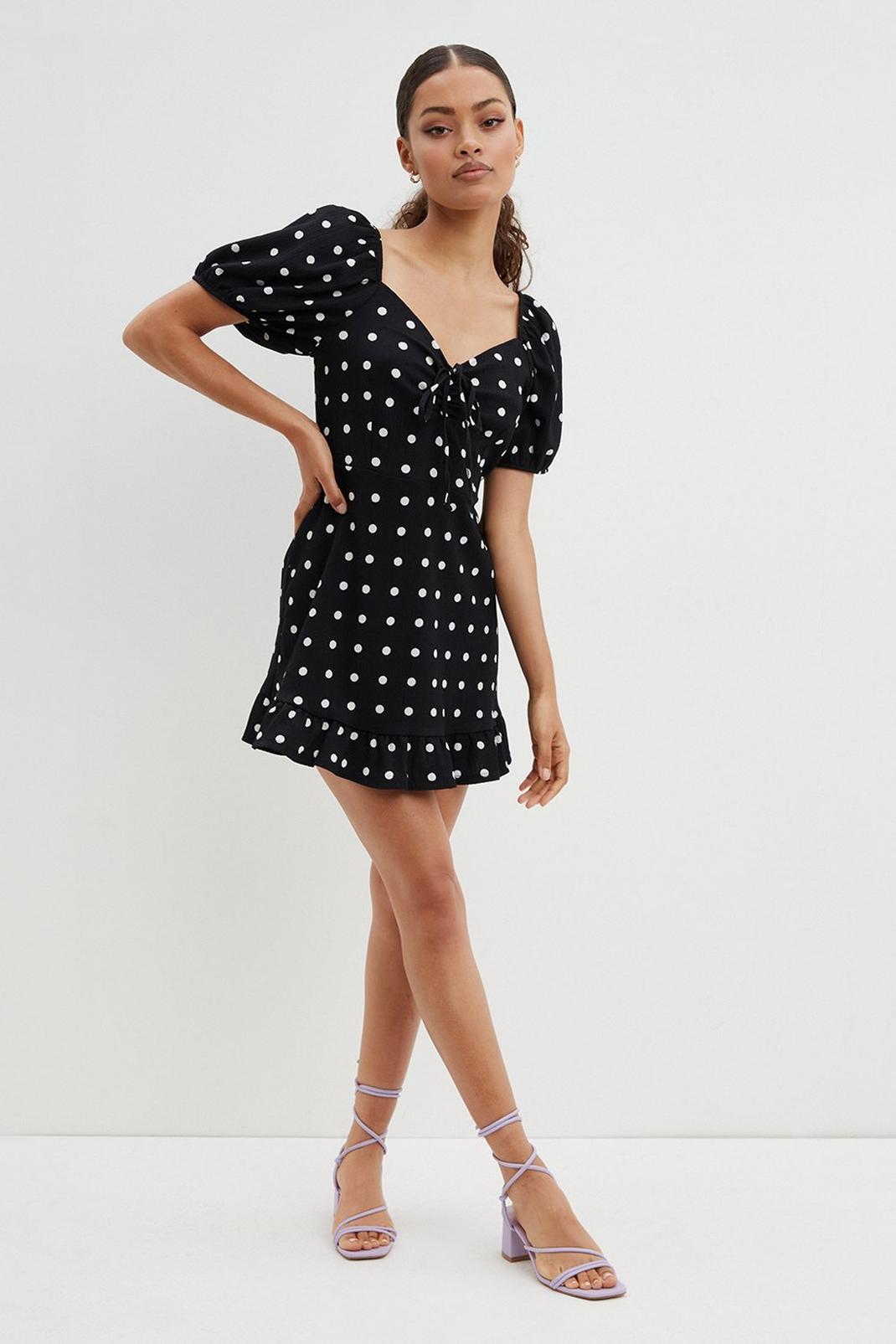 Petite Mono Spot Ruched Front Mini Dress​ image number 1