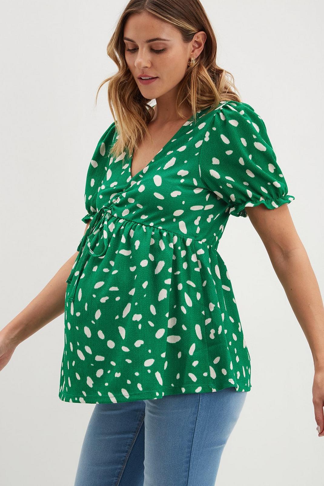 Maternity Green Print V Neck Ruched Front Top image number 1