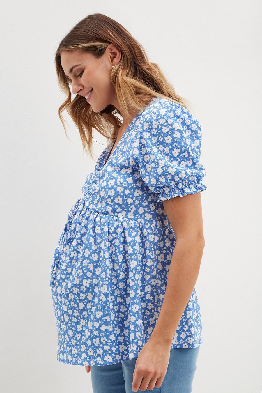 Maternity Blue Ditsy V Neck Ruched Front Top