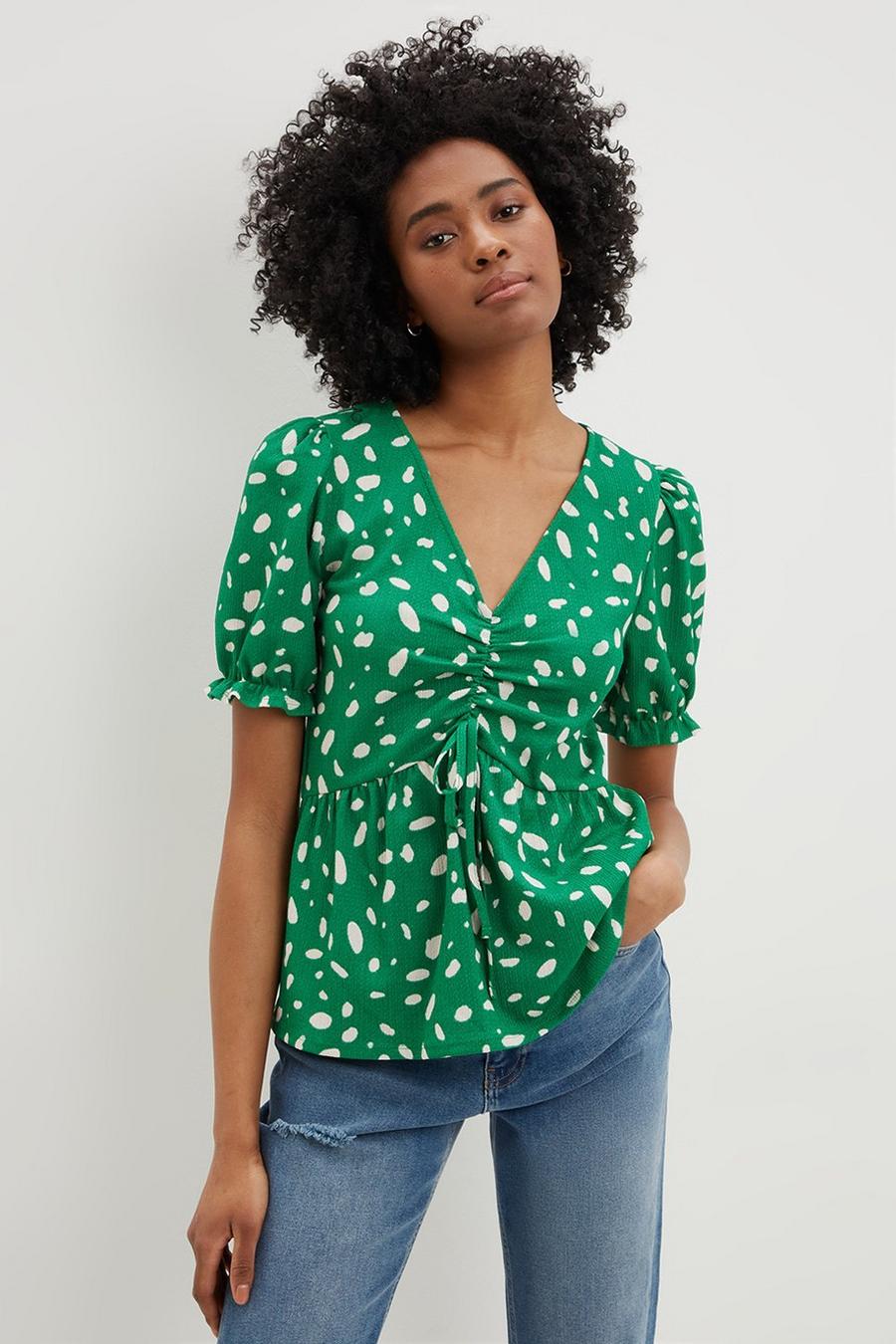 Tall Green Printed V Neck Ruched Front Top