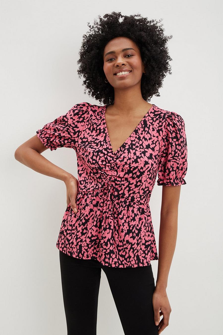 Tall Pink Printed V Neck Ruched Front Top