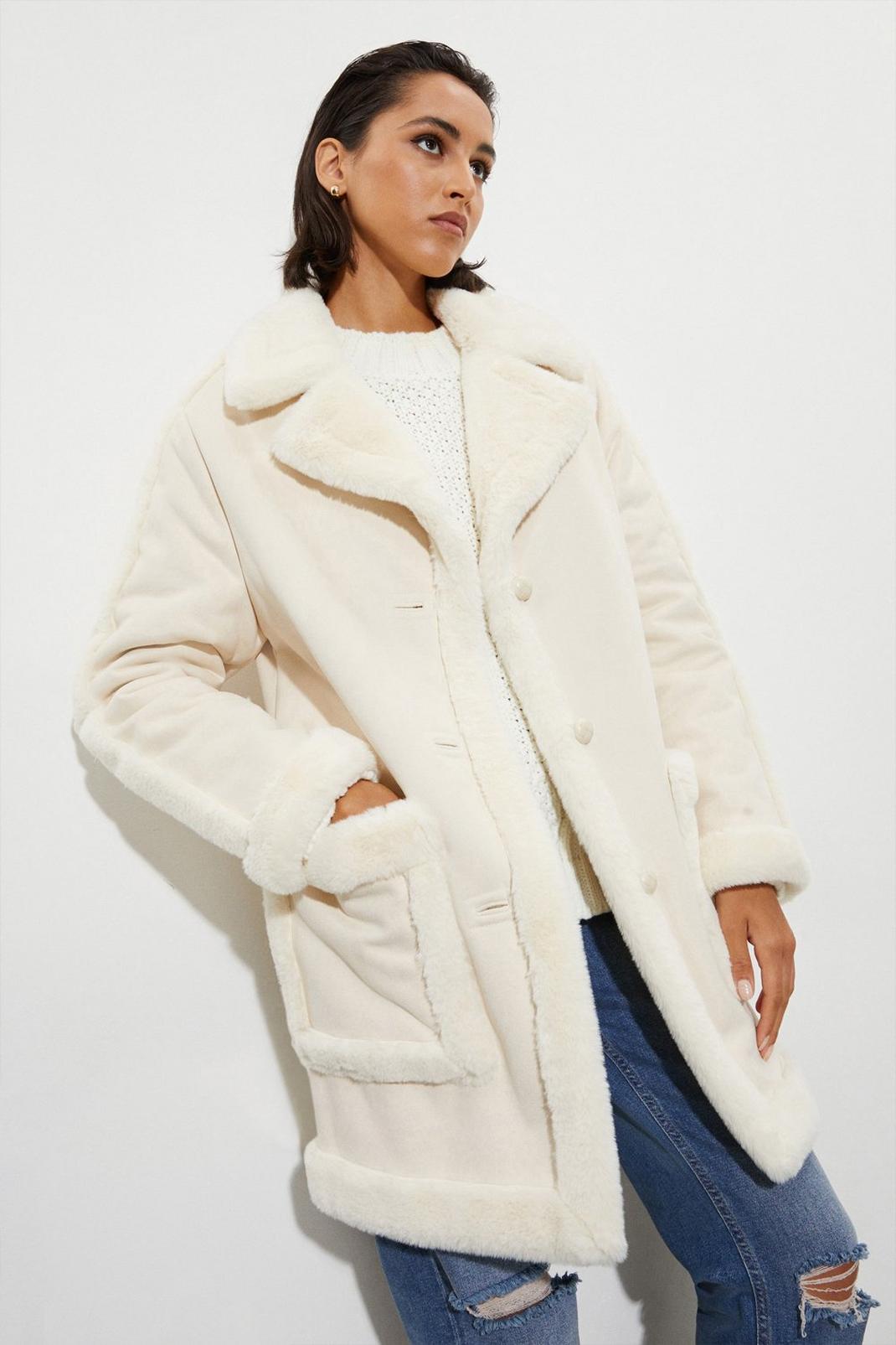 Cream Tall Luxe Faux Fur Suedette Coat image number 1