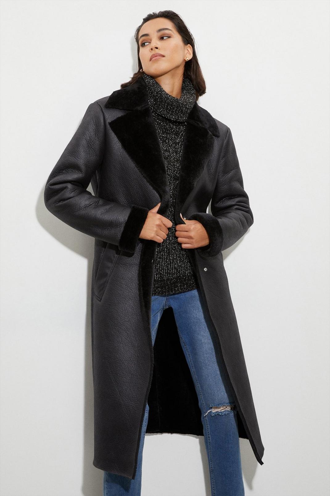 Black Tall Luxe Faux Fur Belted Wrap Coat image number 1