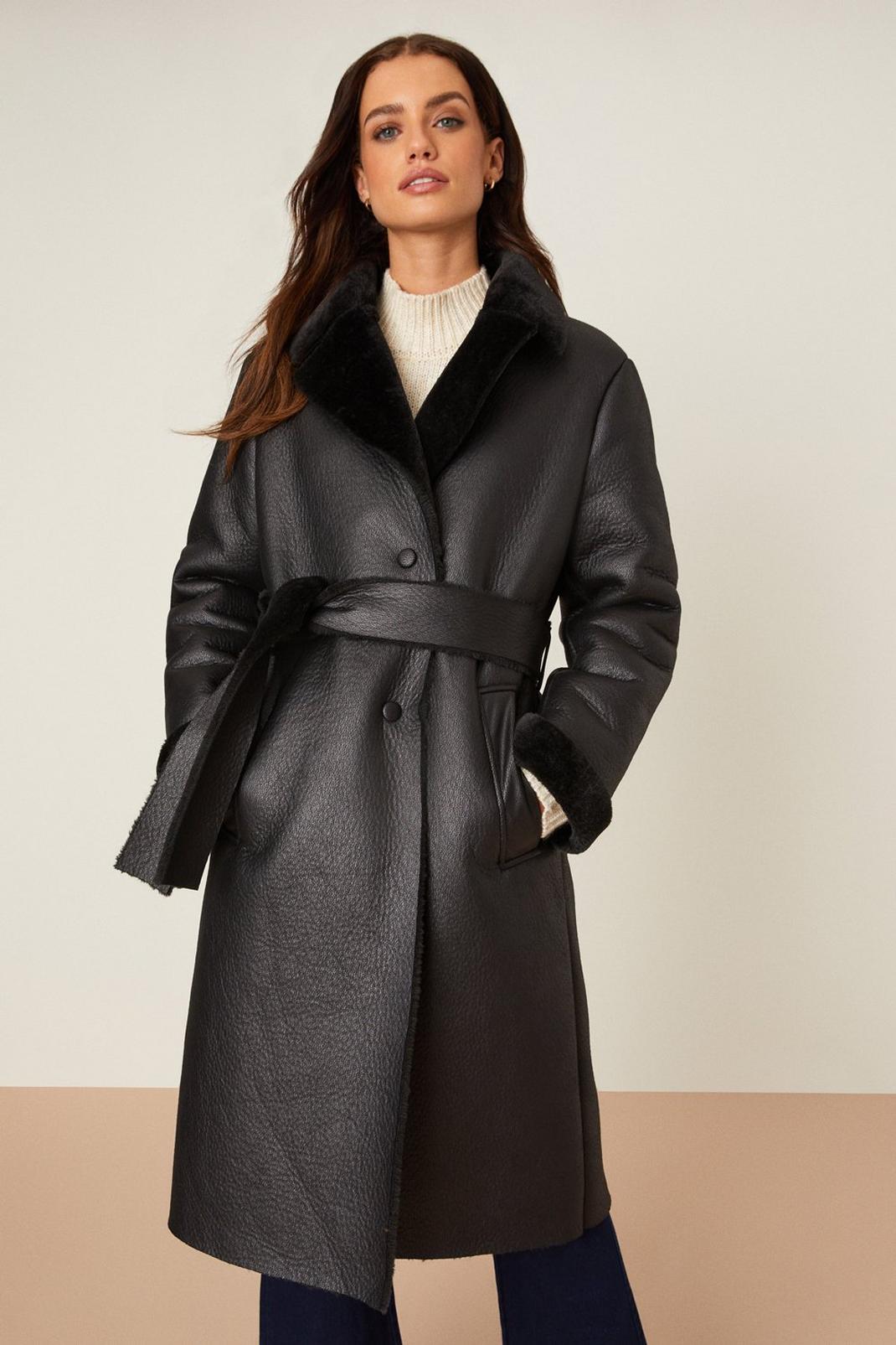 Black Petite Luxe Faux Fur Belted Wrap Coat image number 1