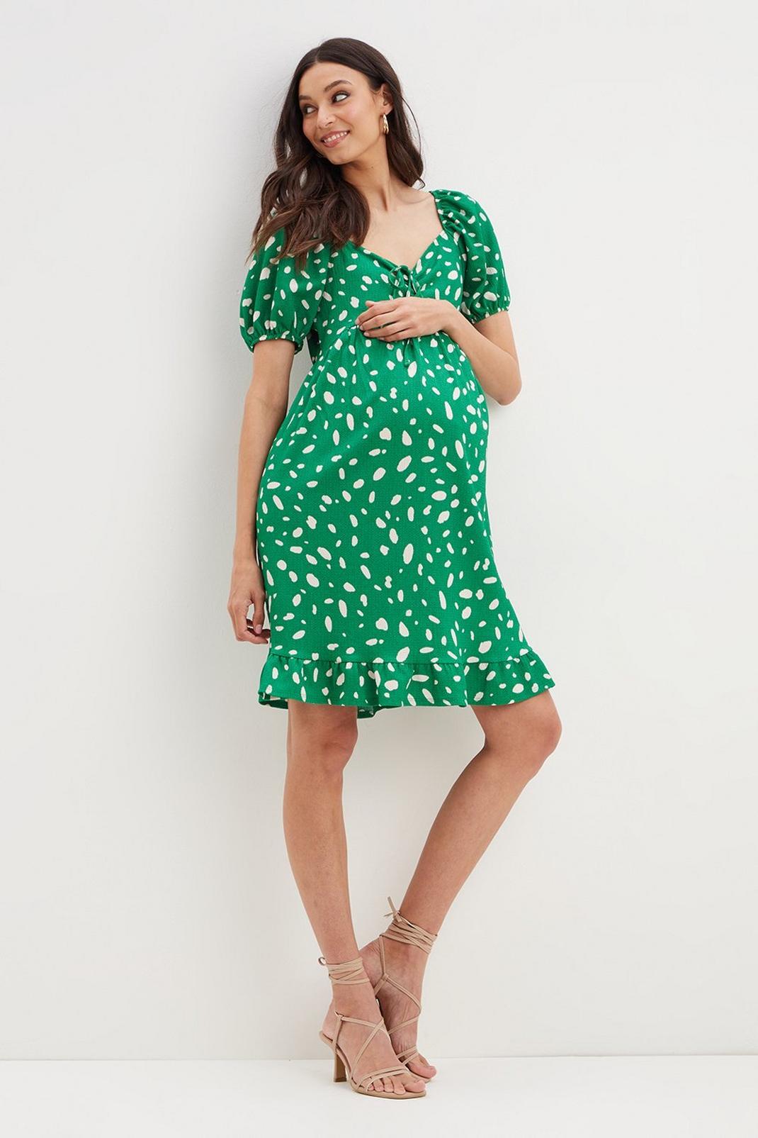 Maternity Green Print Ruched Front Mini Dress image number 1