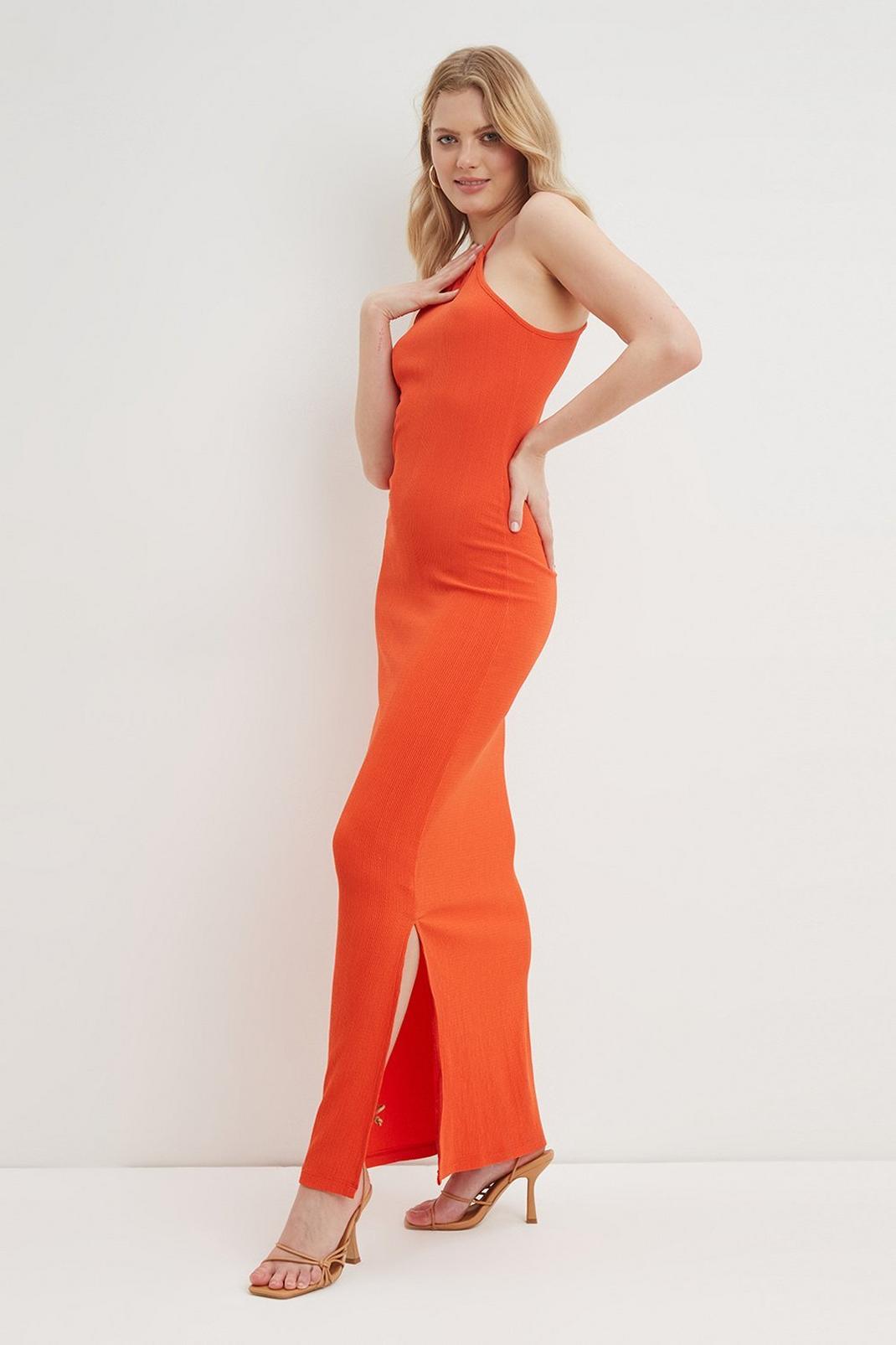 Orange Textured Halterneck Side Split Maxi Dress image number 1