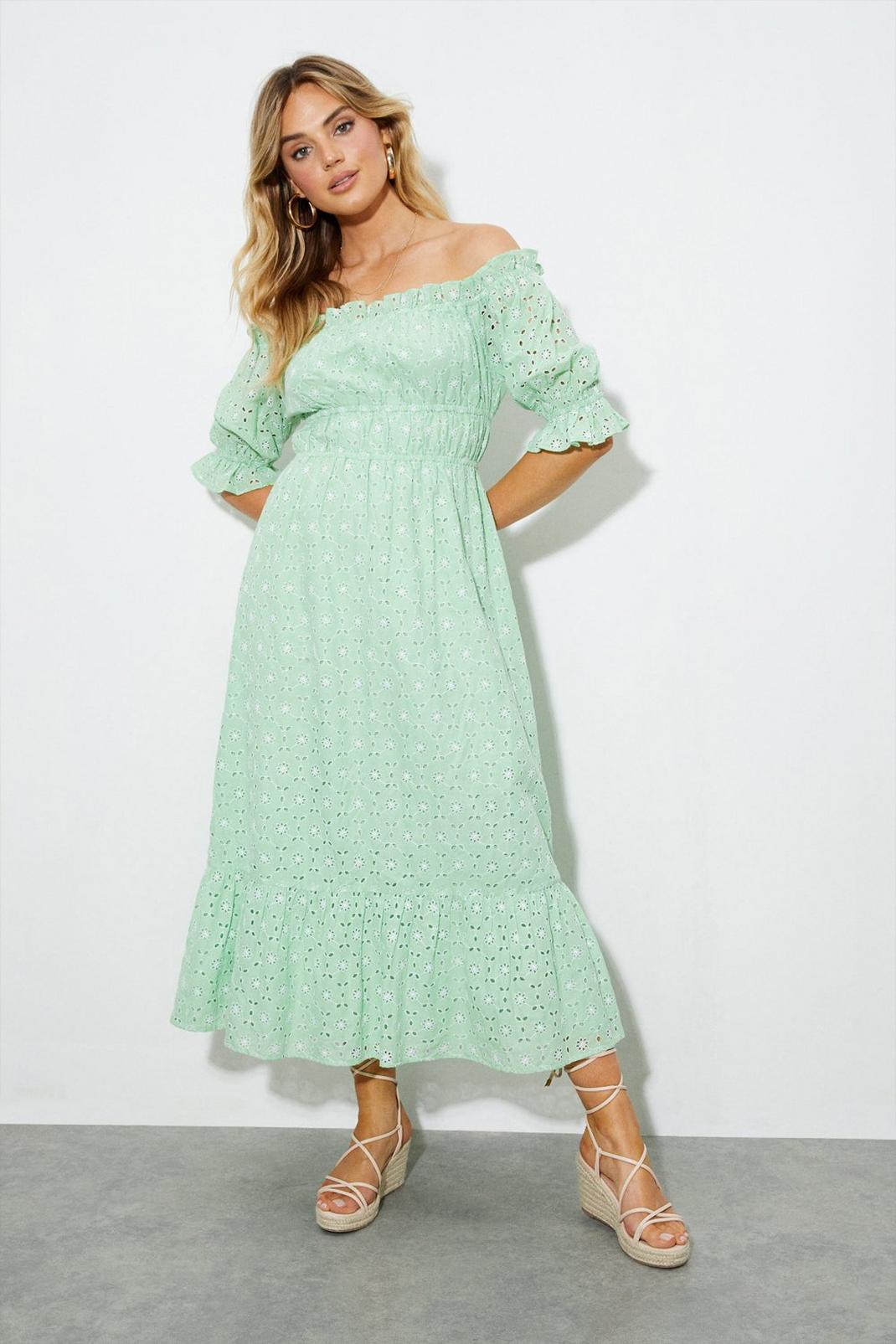 Green Broderie Bardot Midaxi Dress image number 1