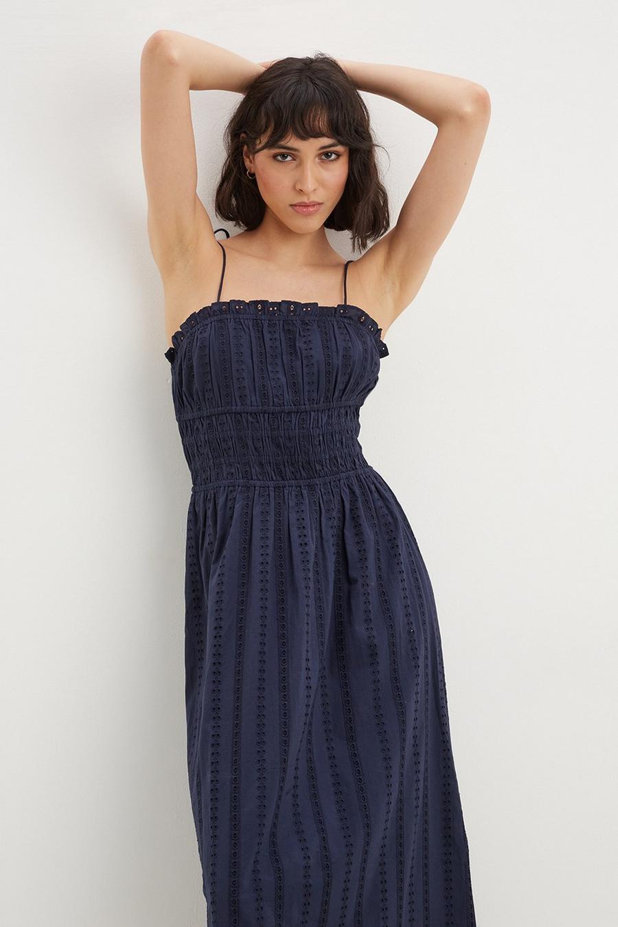 Tall Navy Broderie Ruched Midi Dress