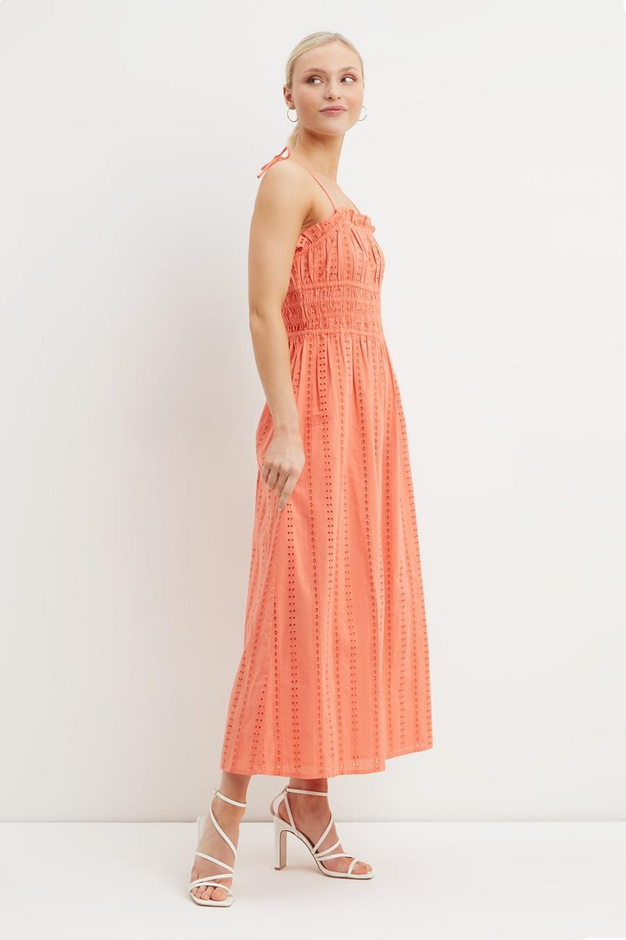 Petite Coral Broderie Ruched Midi Dress
