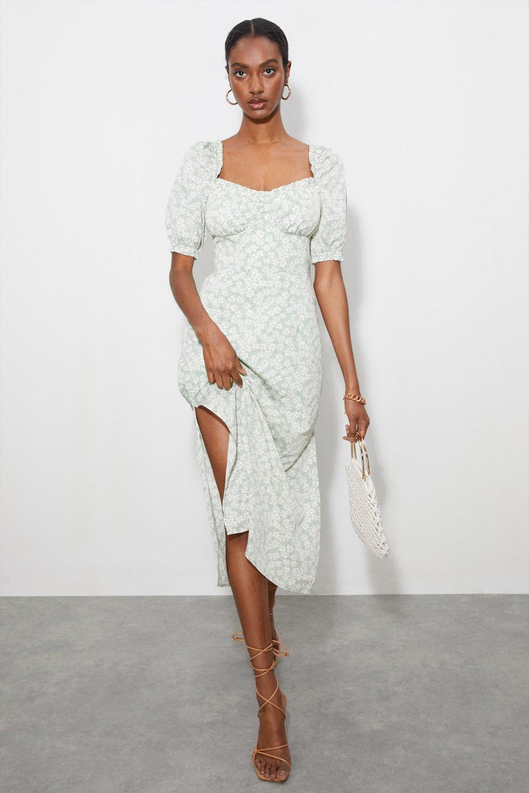 Tall Green Floral Button Down Midi Dress​ image number 1