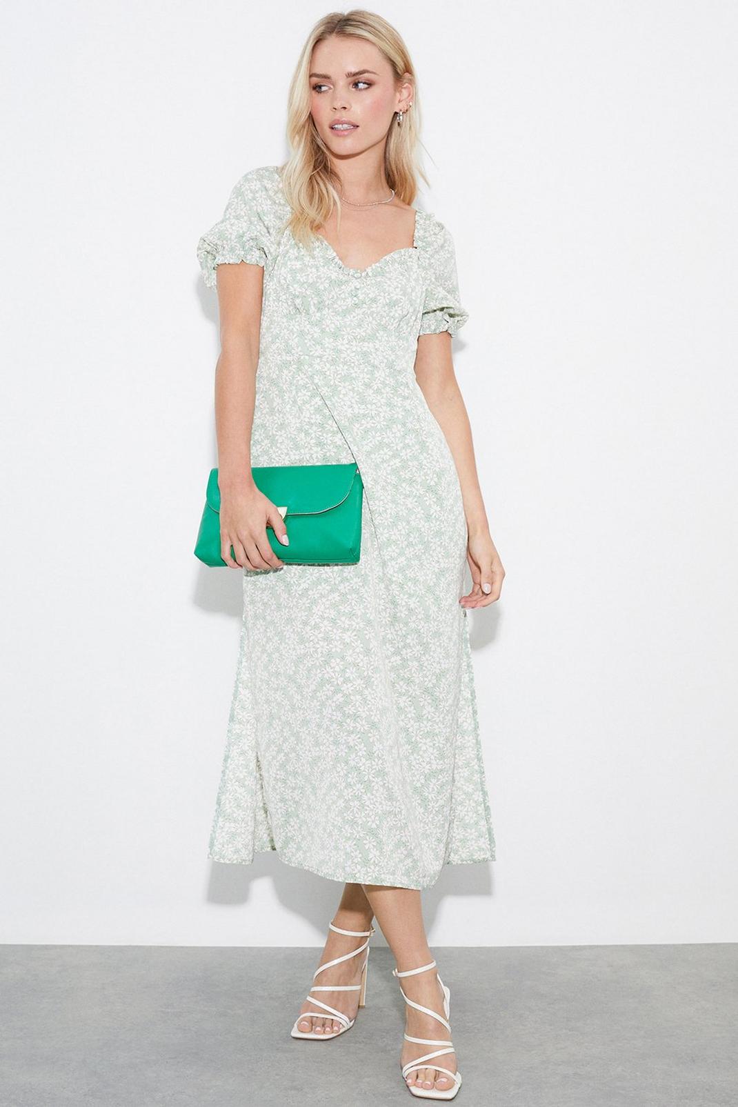 Petite Green Floral Button Down Midi Dress​ image number 1
