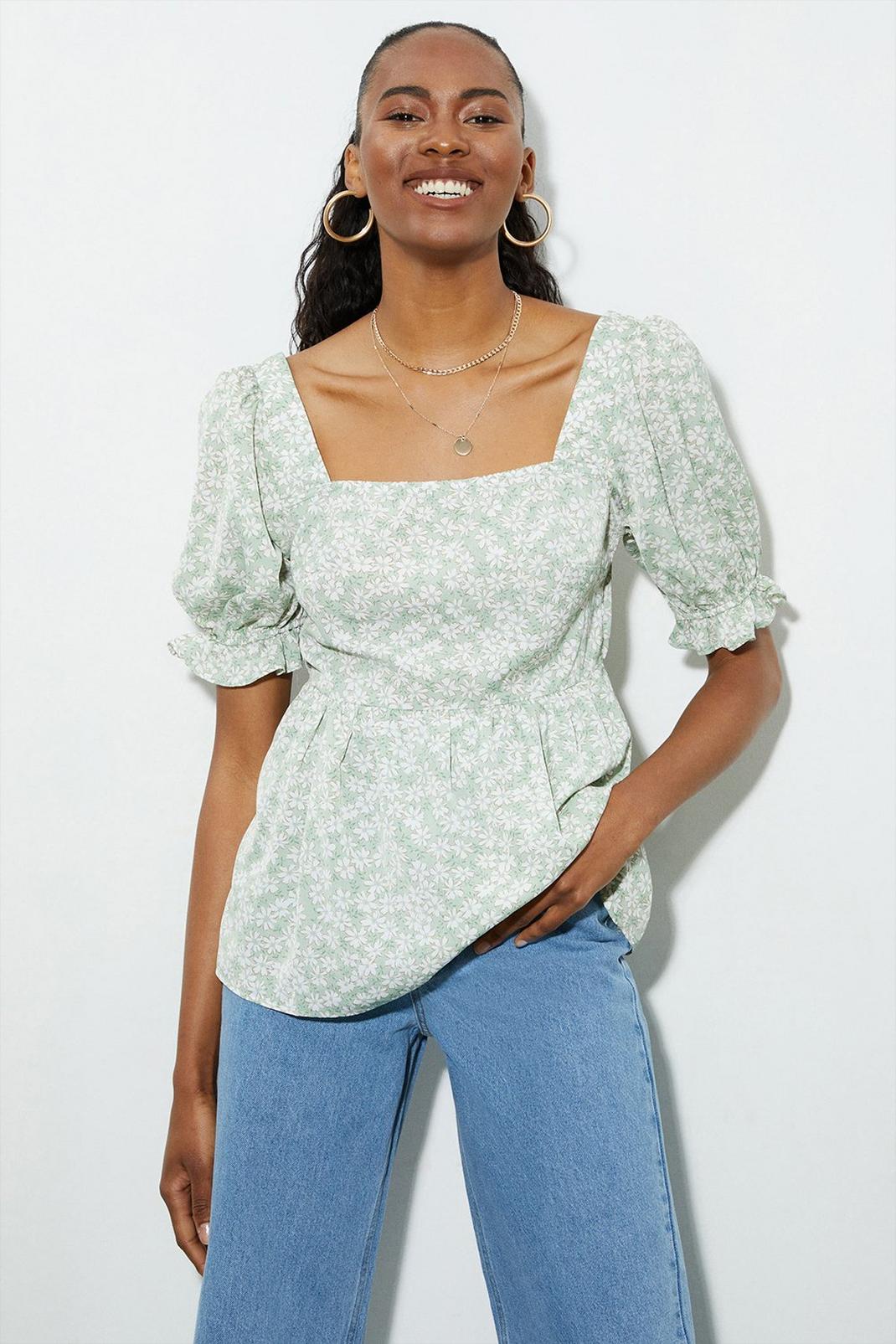 Tall Green Floral Shirred Smock Top image number 1