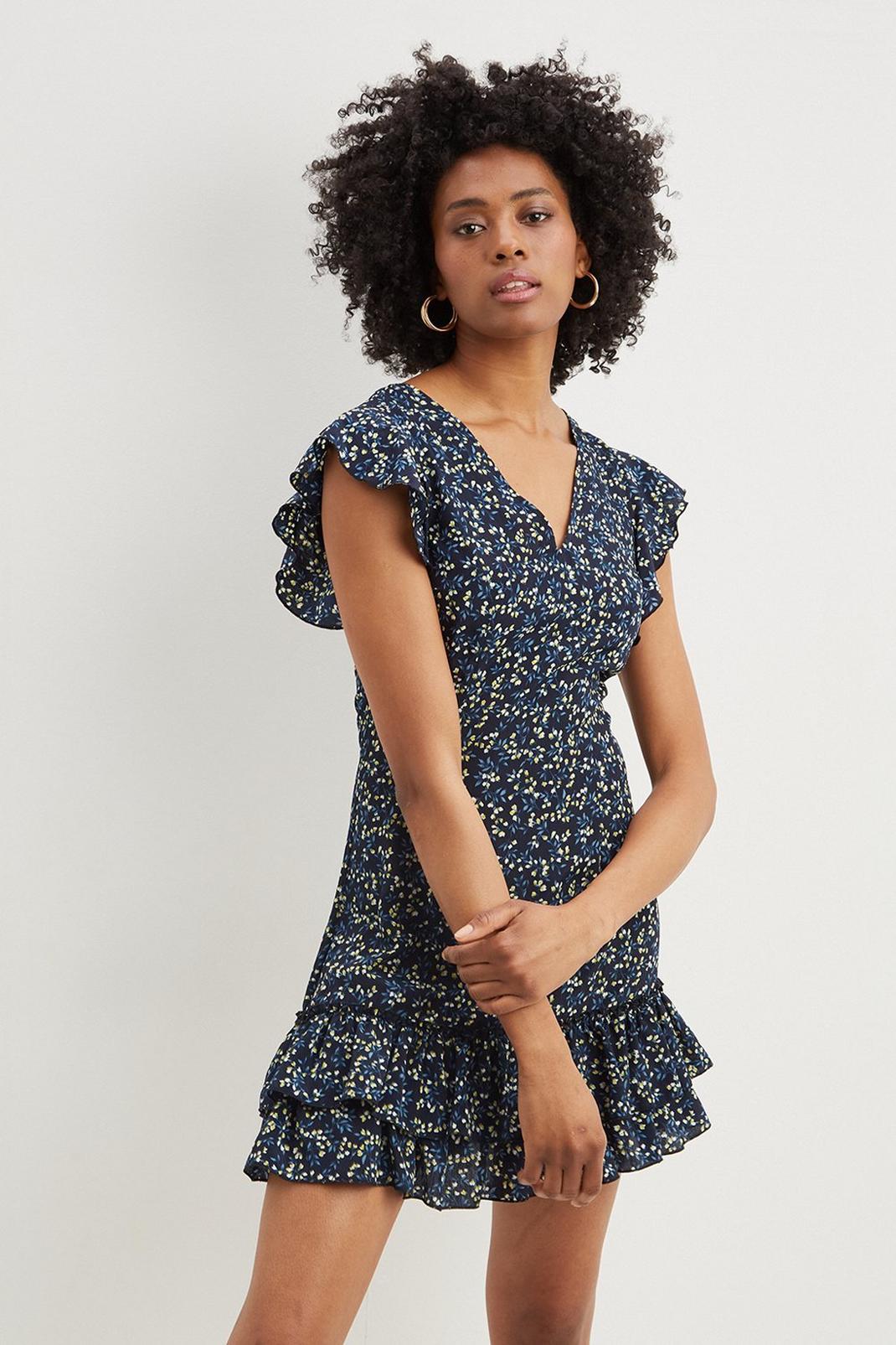 Multi Tall Navy Floral Shirred Mini Dress image number 1
