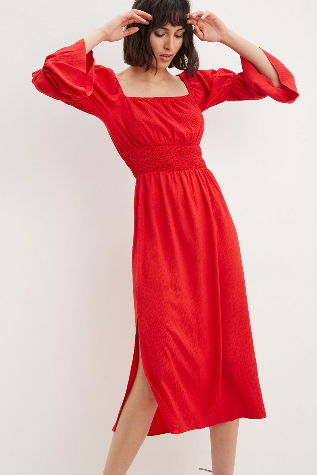 Red Tall Puff Sleeve Shirred Midi Dress image number 1