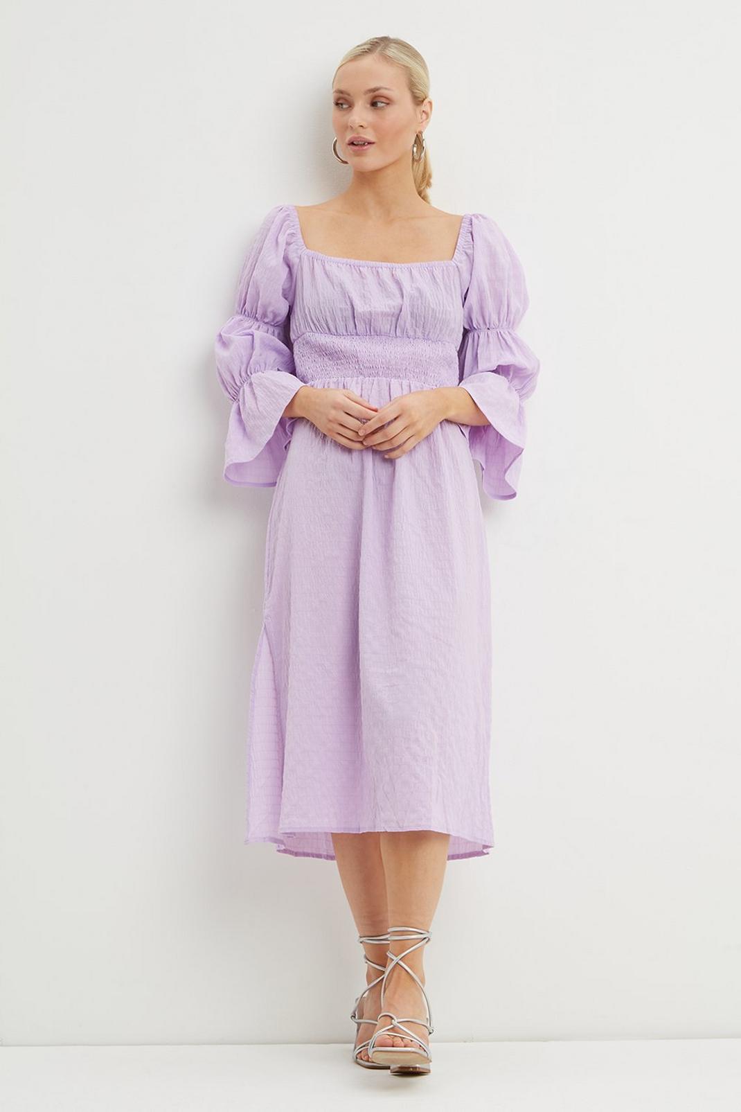 Lilac Petite Puff Sleeve Shirred Midi Dress image number 1