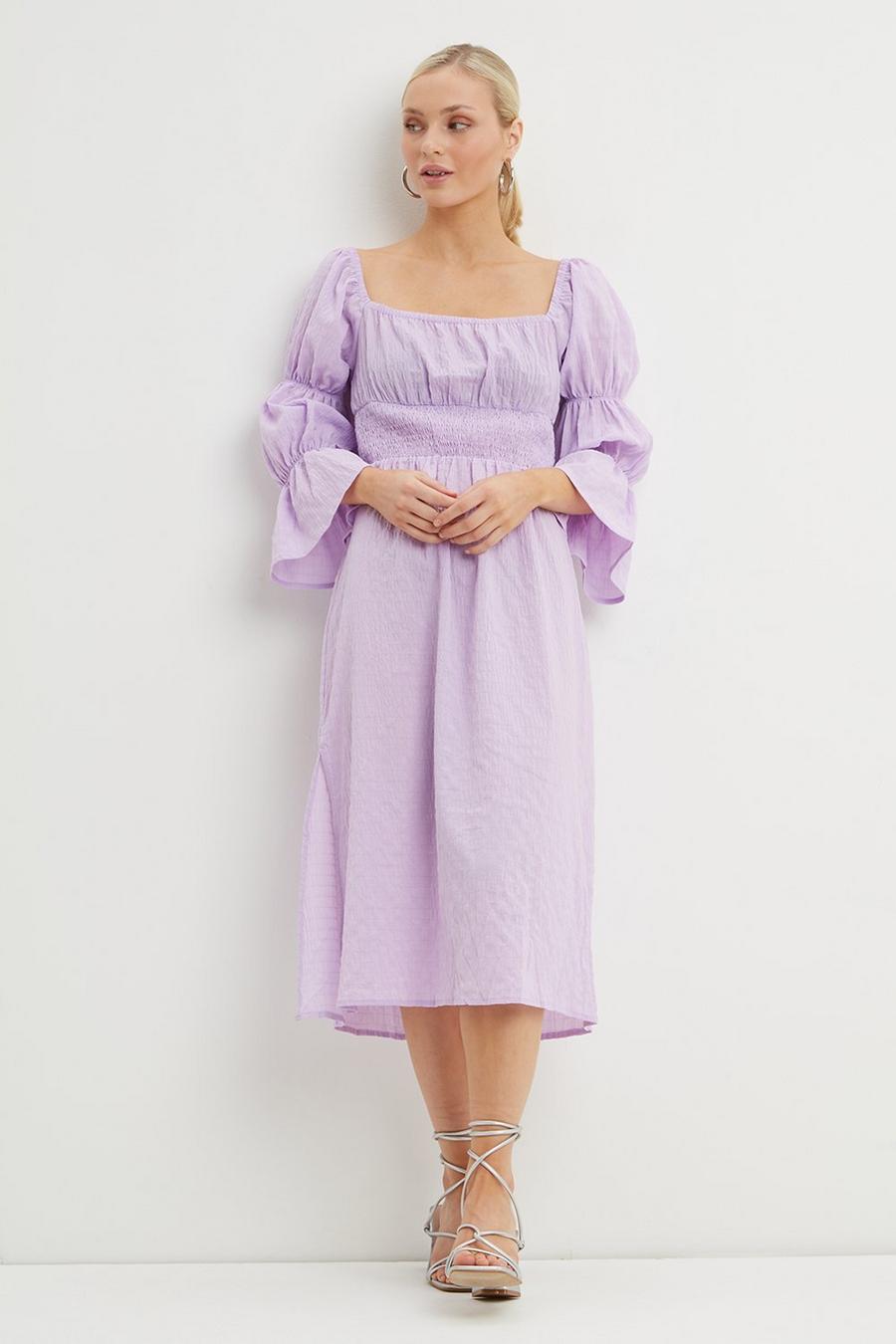 Petite Puff Sleeve Shirred Midi Dress