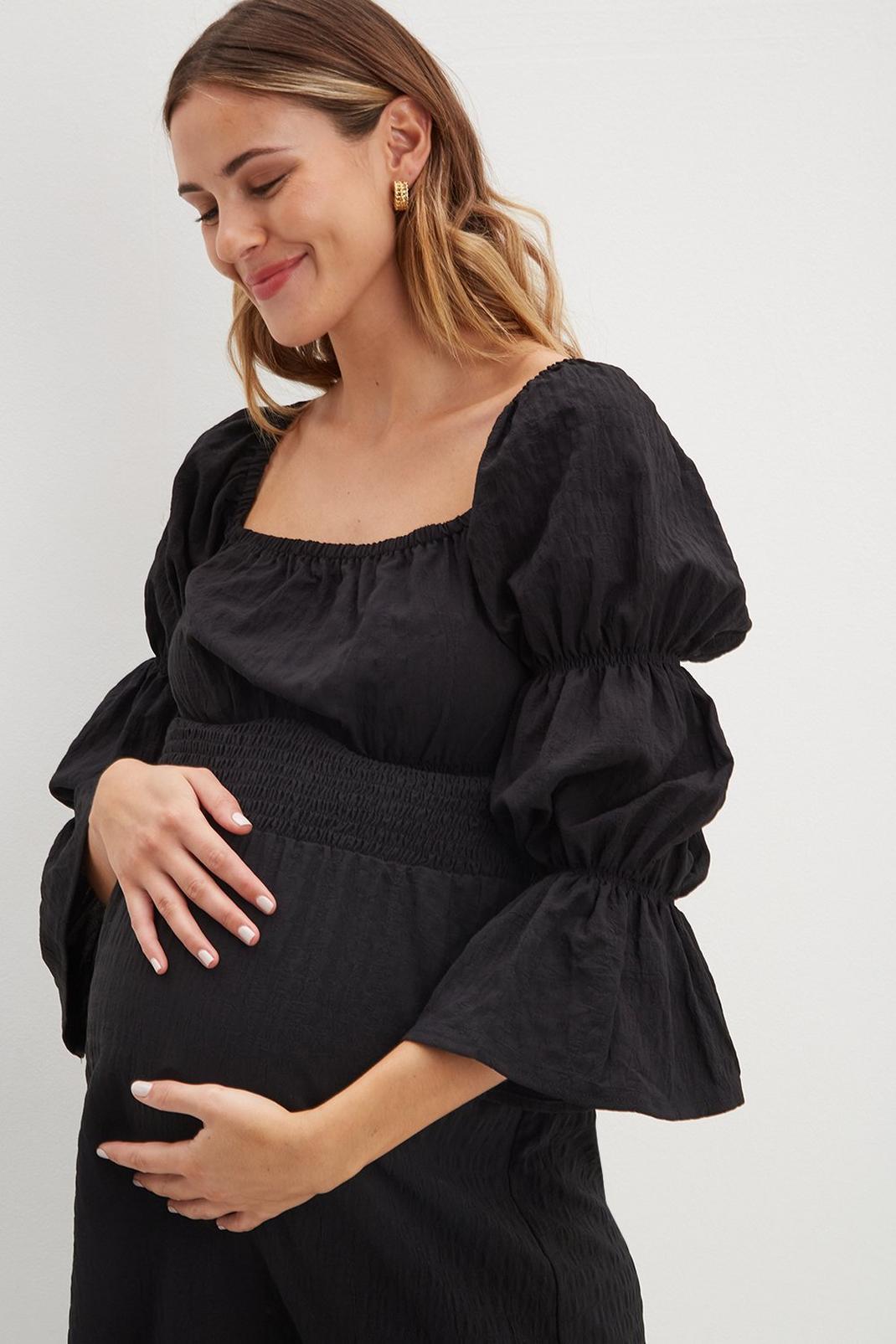 Black Maternity Puff Sleeve Shirred Midi Dress image number 1
