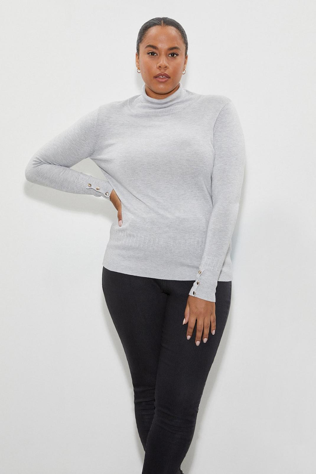 Grey Curve Button Cuff Roll Neck Jumper image number 1