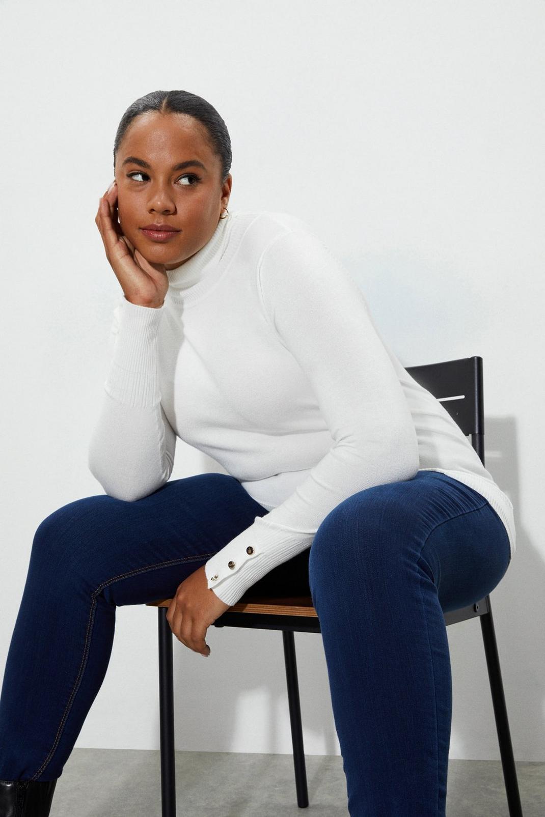 Ivory Curve Button Cuff Roll Neck Jumper image number 1