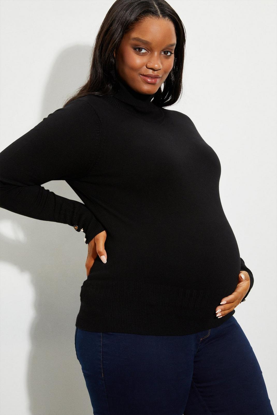 Black Maternity Button Cuff Roll Neck Jumper image number 1