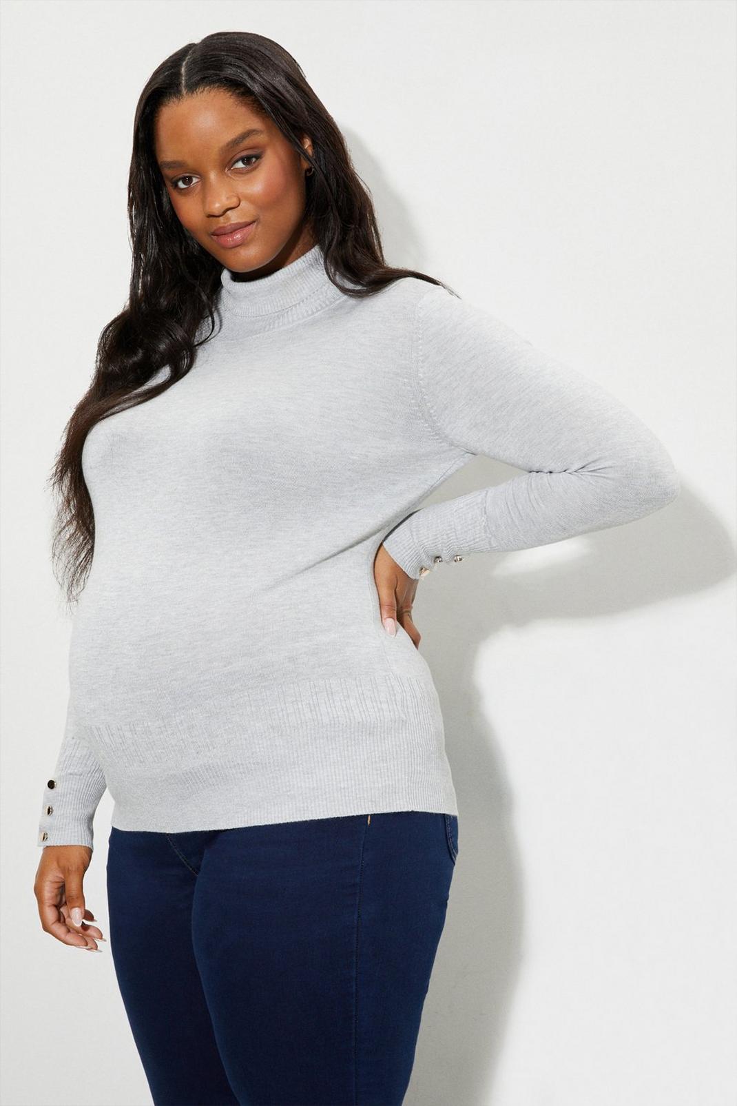 Grey Maternity Button Cuff Roll Neck Jumper image number 1