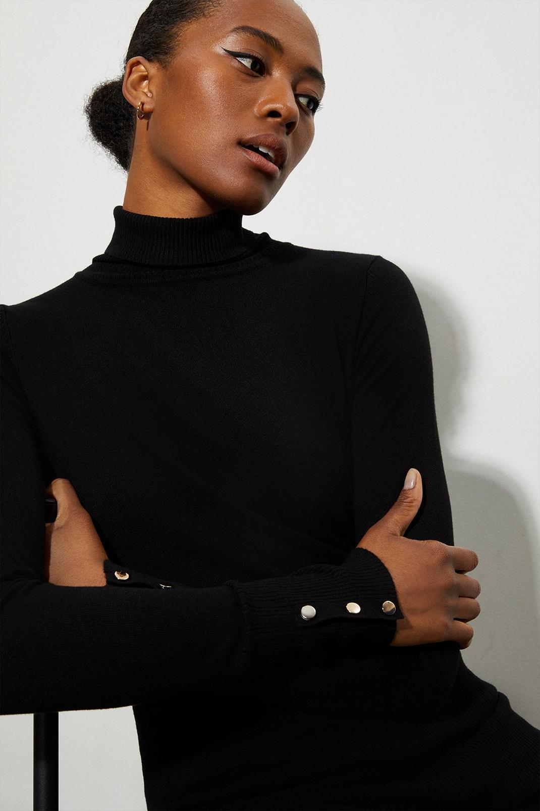 Black Tall Button Cuff Roll Neck Jumper image number 1