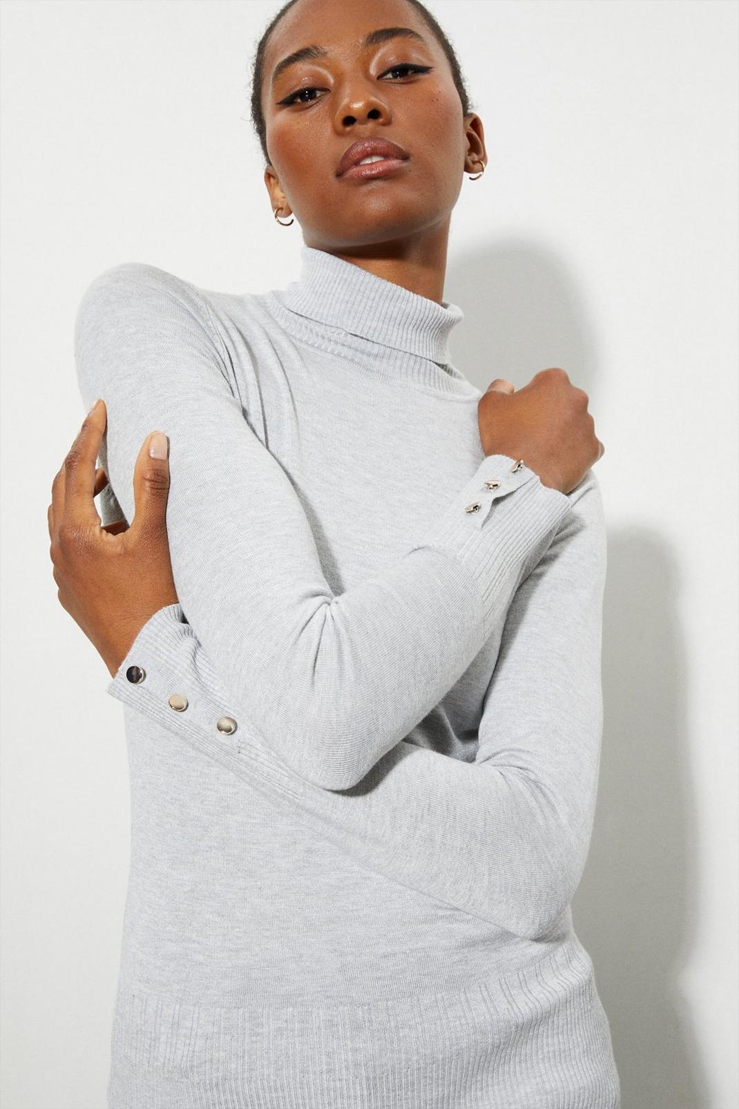 Grey Tall Button Cuff Roll Neck Jumper image number 1