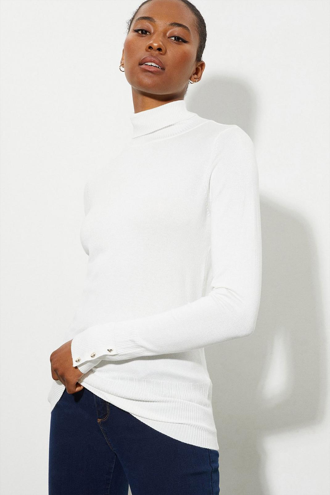 Ivory Tall Button Cuff Roll Neck Jumper  image number 1