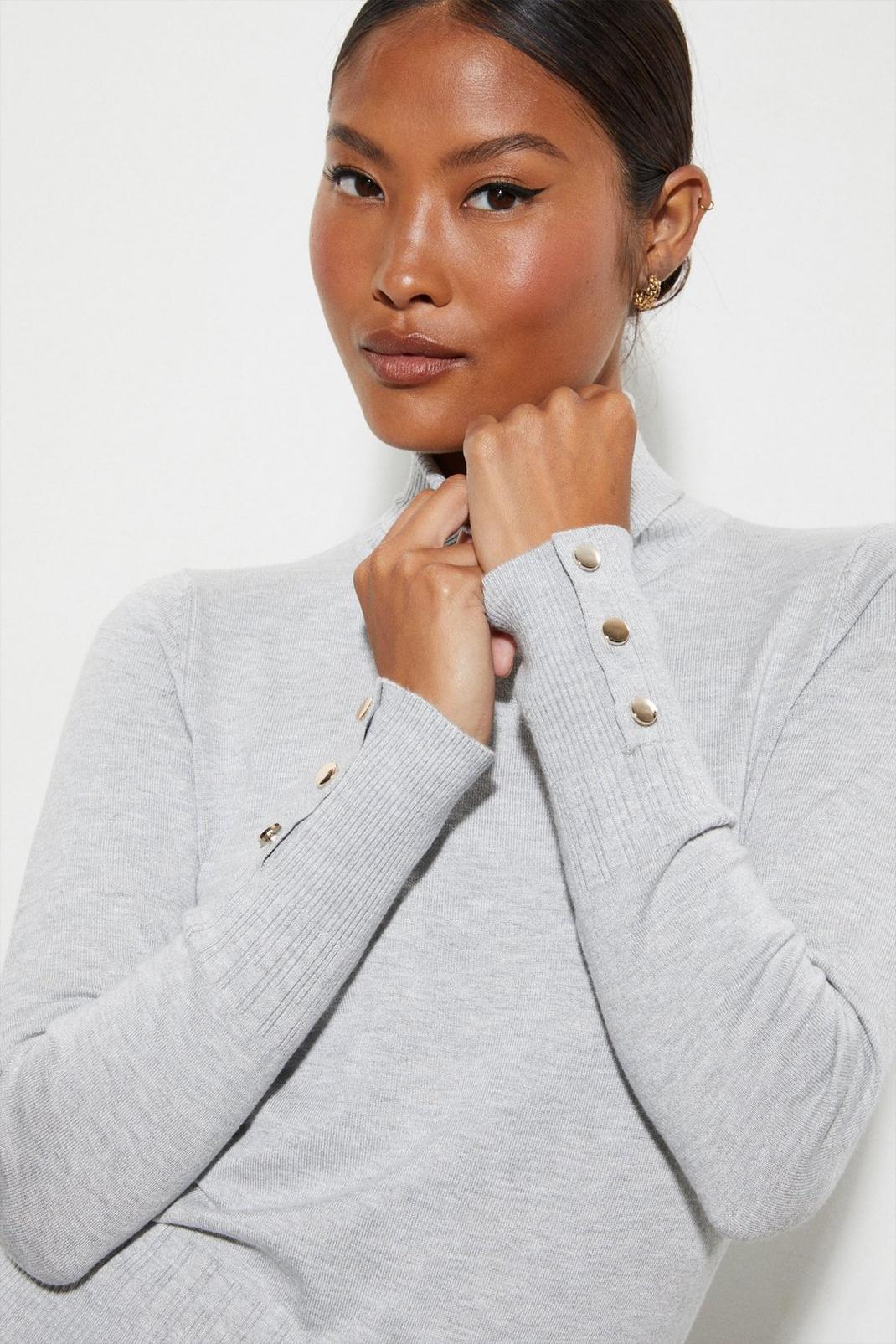 Grey Petite Button Cuff Roll Neck Jumper image number 1