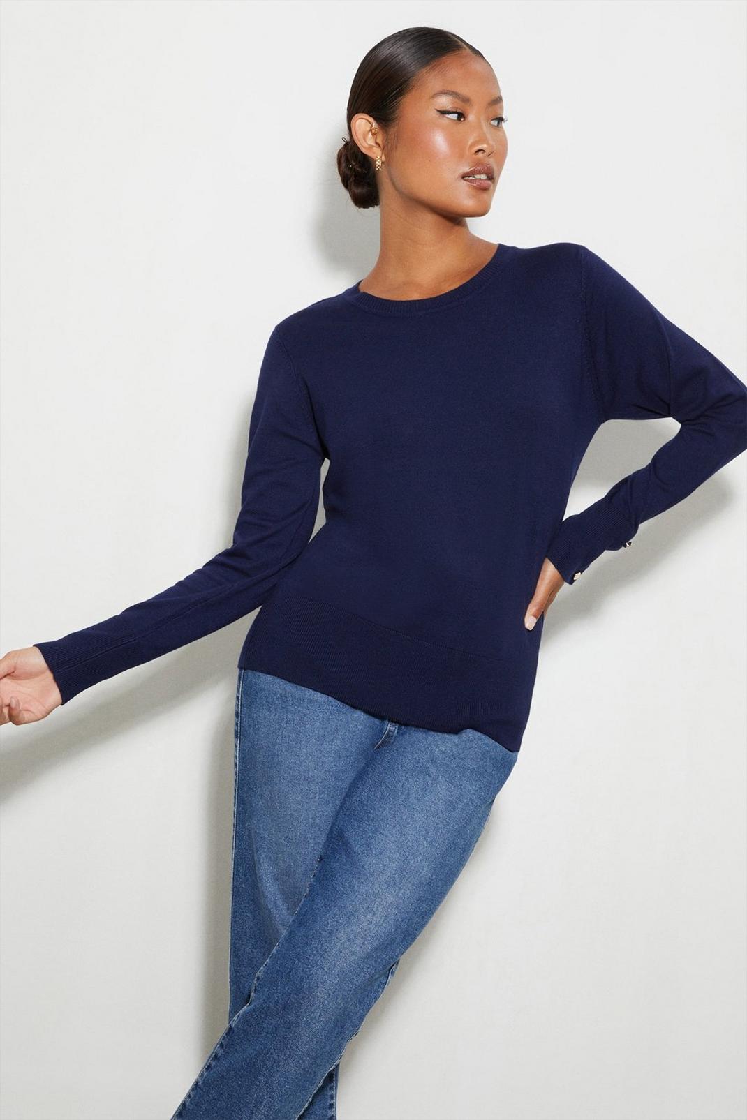 Navy Petite Button Cuff Jumper image number 1