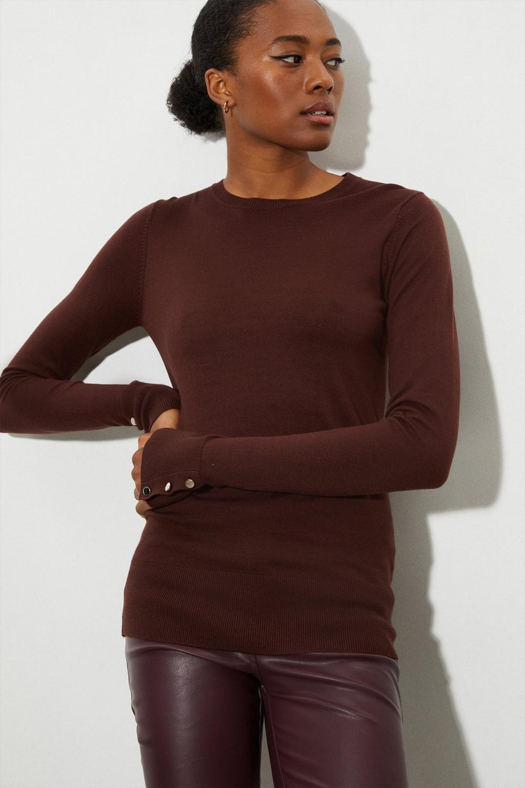 Chocolate Tall Button Cuff Jumper image number 1