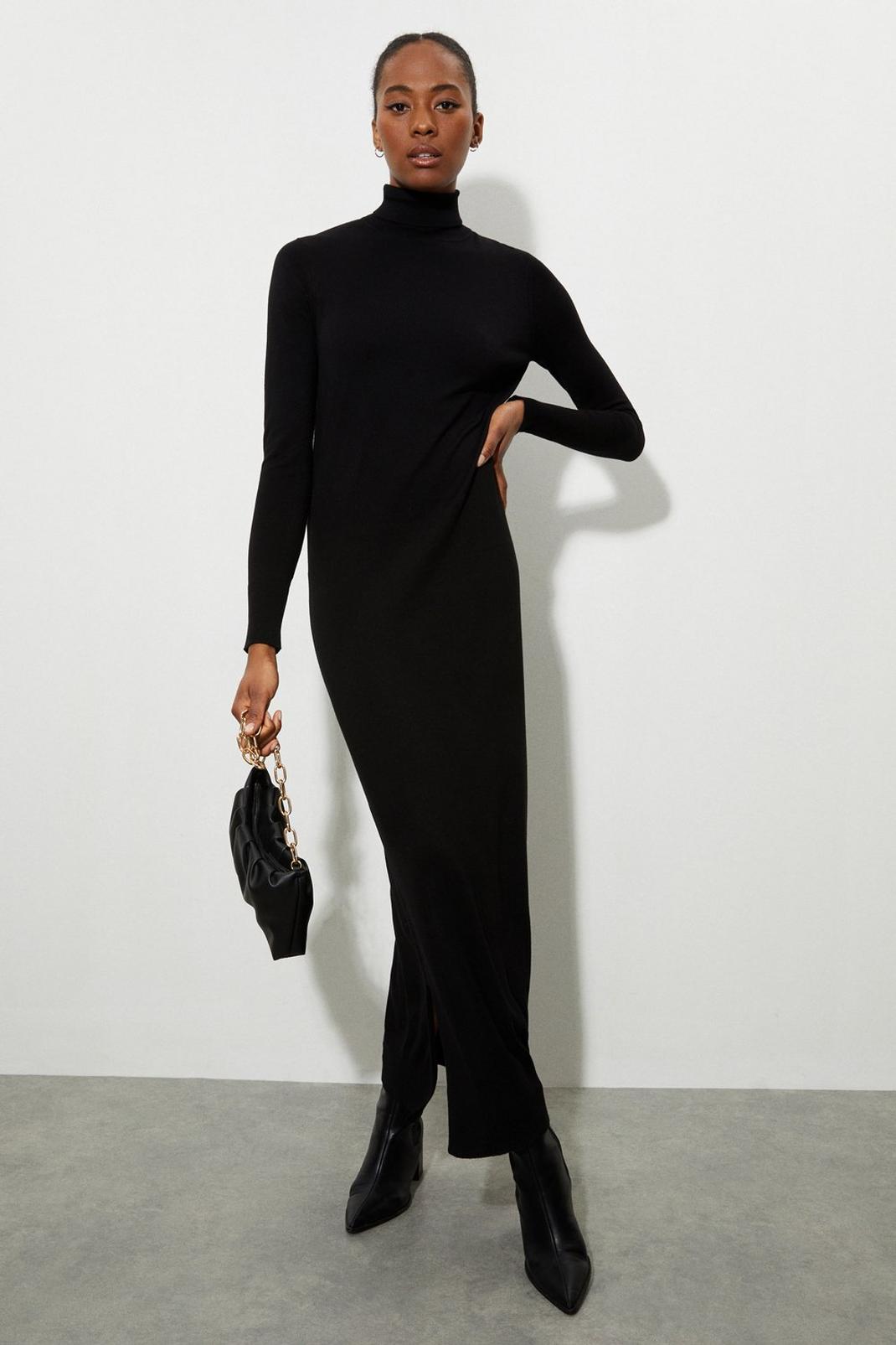 Black Tall High Neck Slouchy Knit Midi Dress image number 1