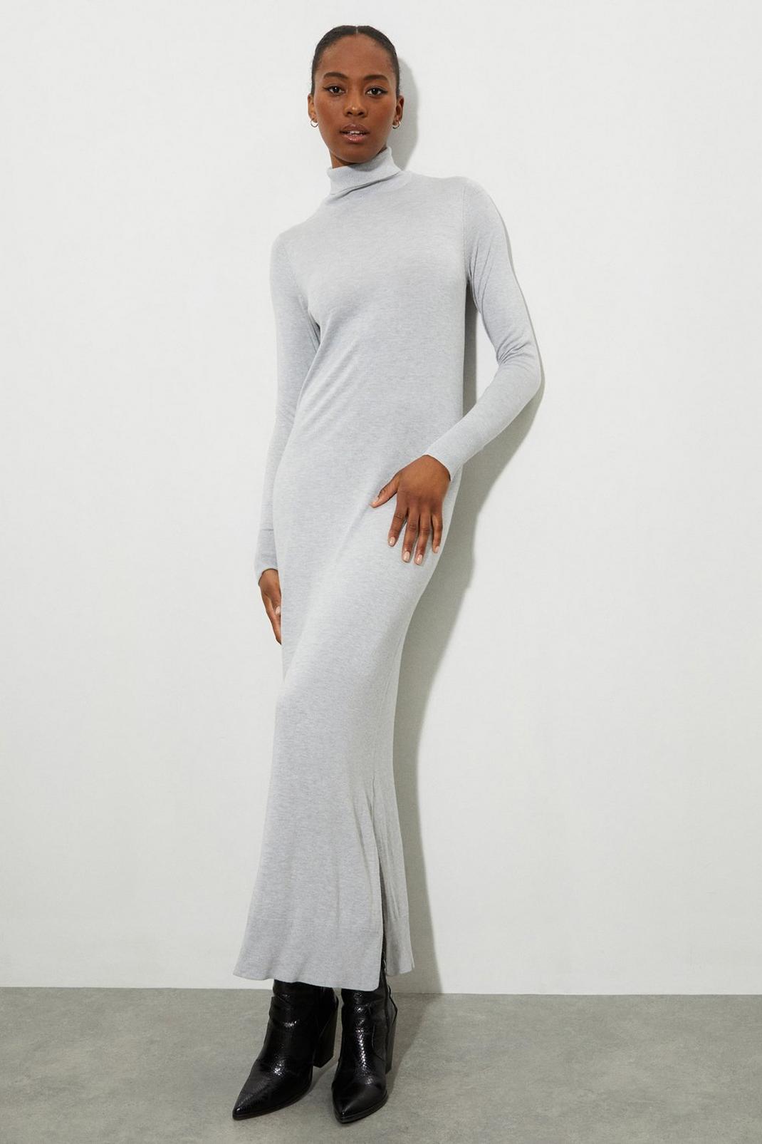 Grey Tall High Neck Slouchy Knit Midi Dress image number 1
