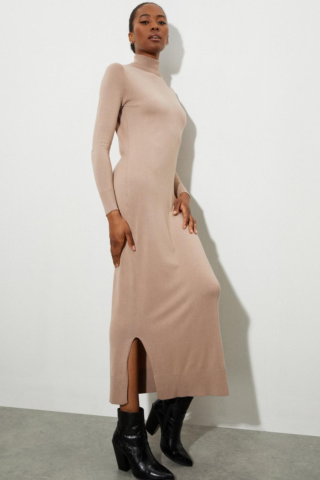 Oatmeal Tall High Neck Slouchy Knit Midi Dress image number 1