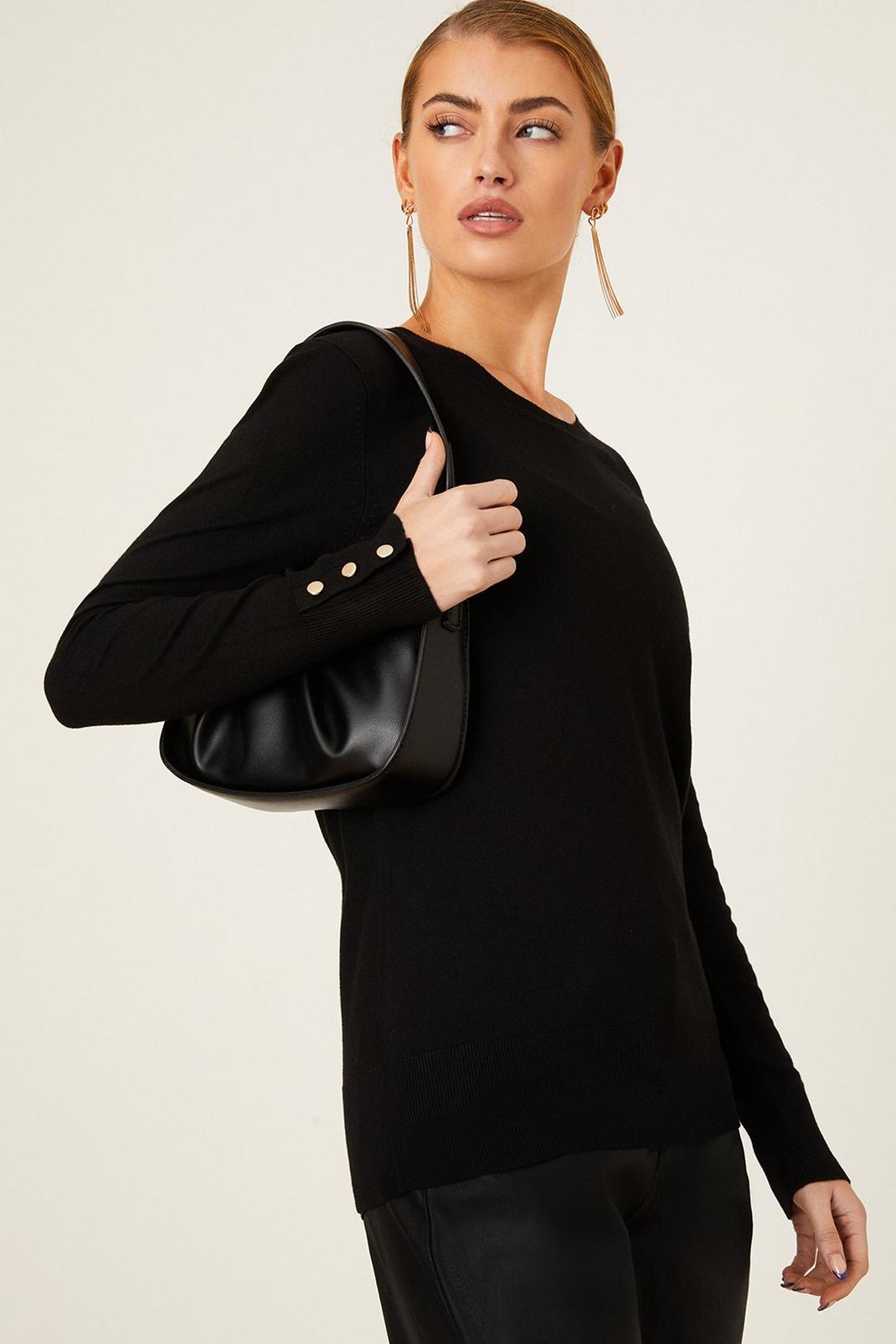 Black Button Cuff Knitted Jumper image number 1