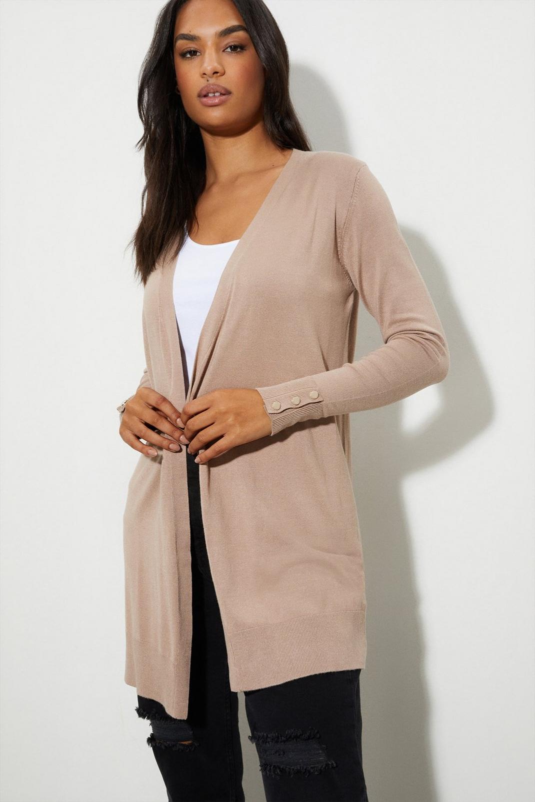 Camel Midi Knitted Button Cuff Cardigan image number 1