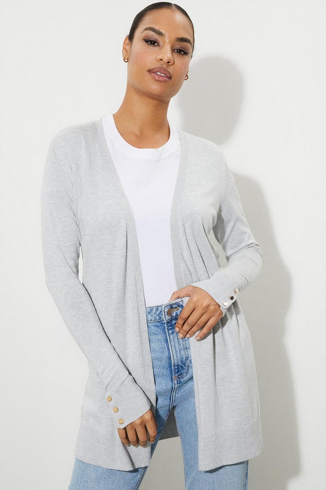 Grey Midi Knitted Button Cuff Cardigan image number 1