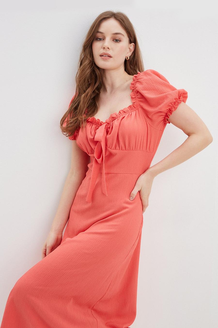 Pink Textured Bow Front Midi Dress