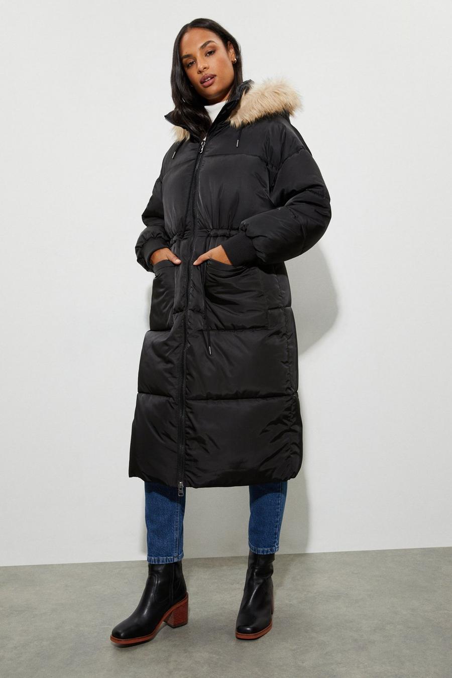 Longline Faux Fur Hood Padded Coat