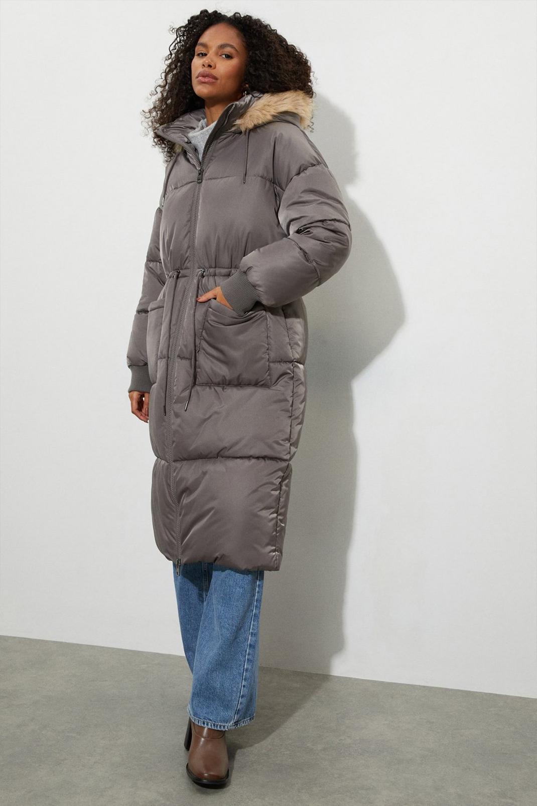 Charcoal Longline Faux Fur Hood Padded Coat image number 1