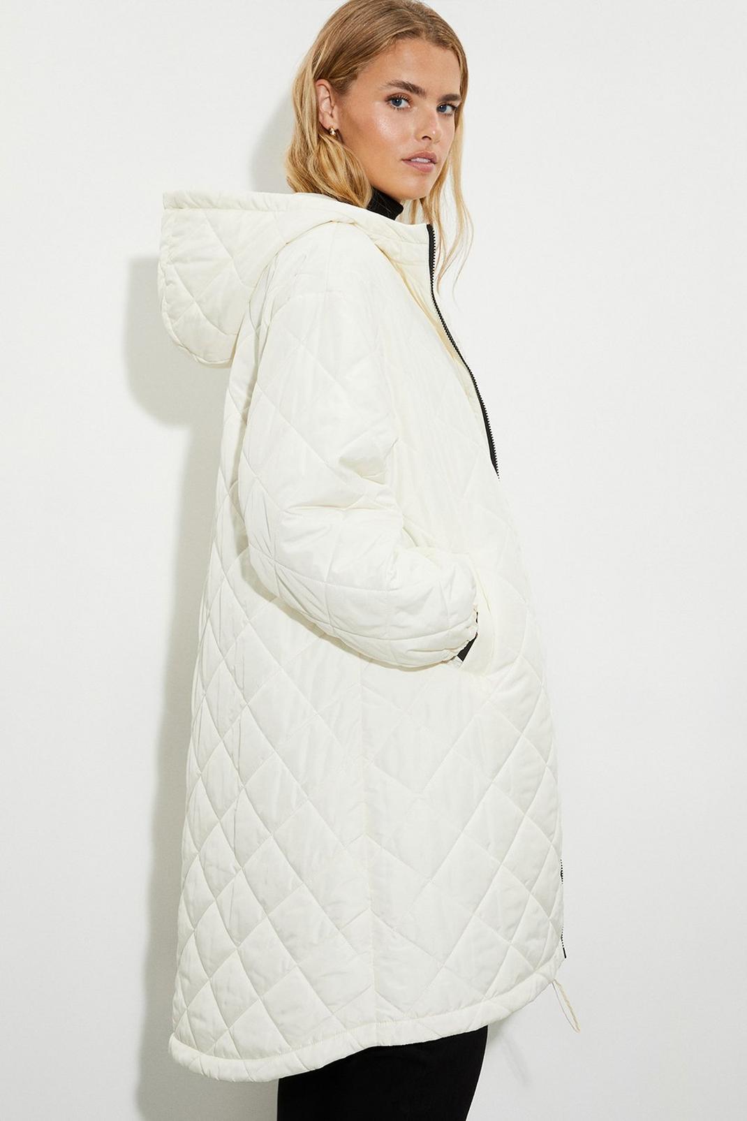 Cream Oversized Hooded Diamond Quilted Parka Coat image number 1