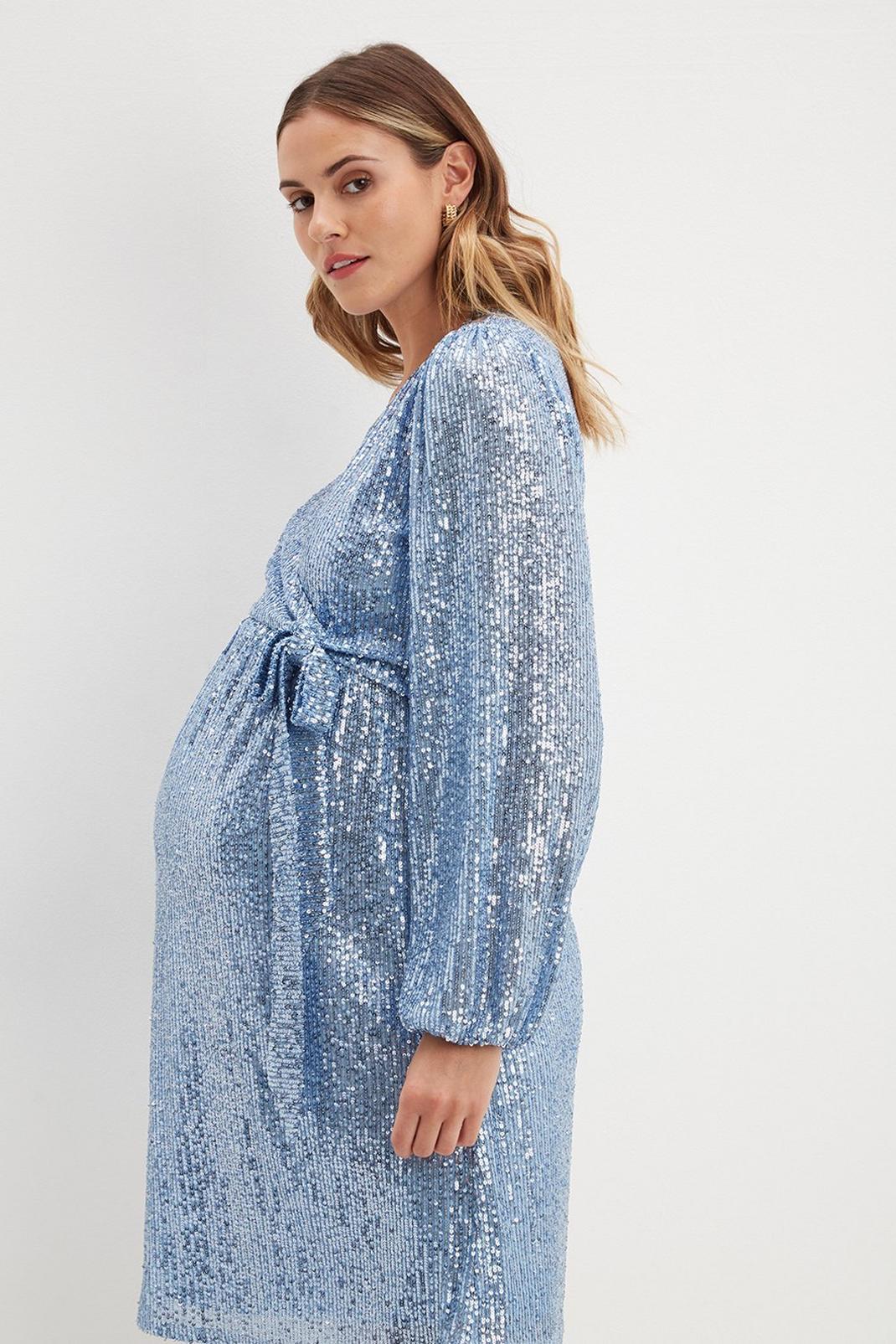 Silver Maternity Sequin Wrap Mini Dress image number 1
